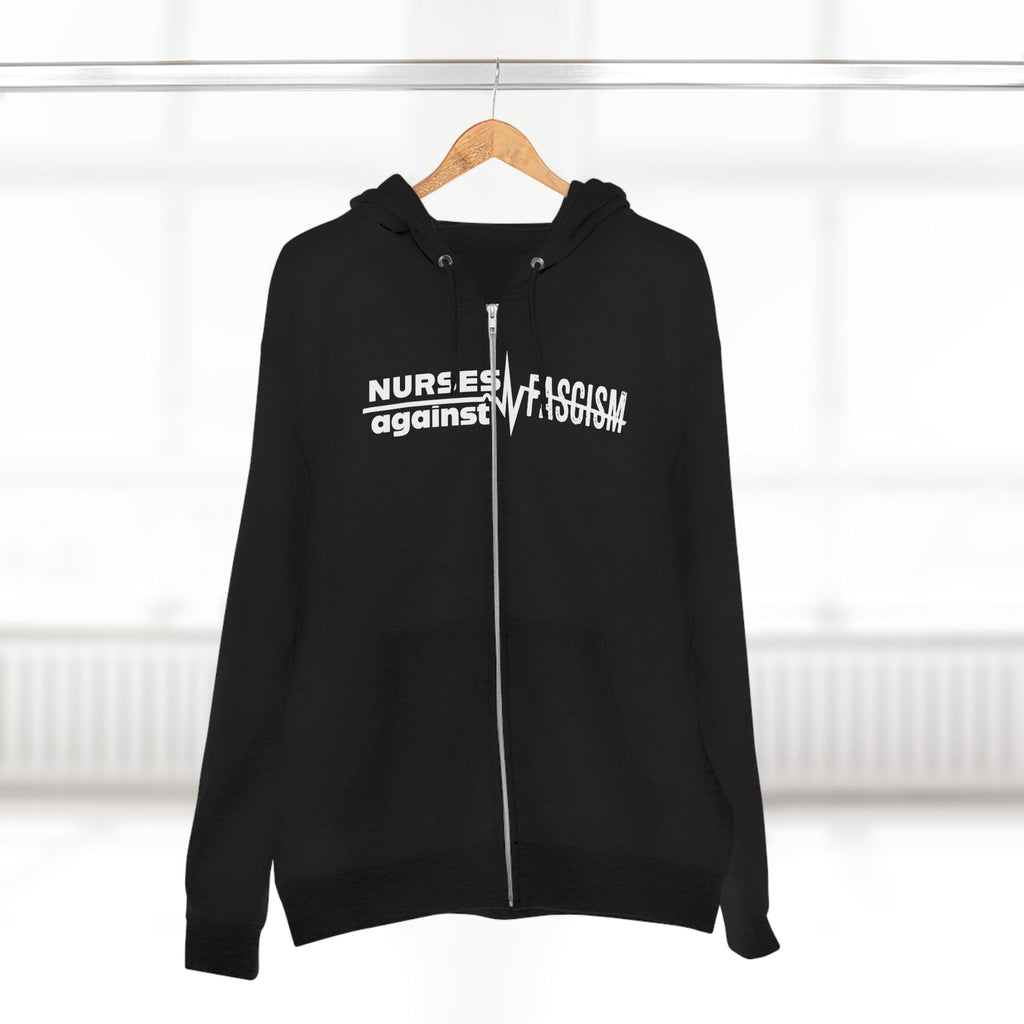 Men's Medium-heavy fabric Full-Zip Hoodie - Nurses Against Fascism (front) - Nurses Against Cruelty (black) - 60% recycled cotton, 40% recycled polyester - Lane Seven LS14003