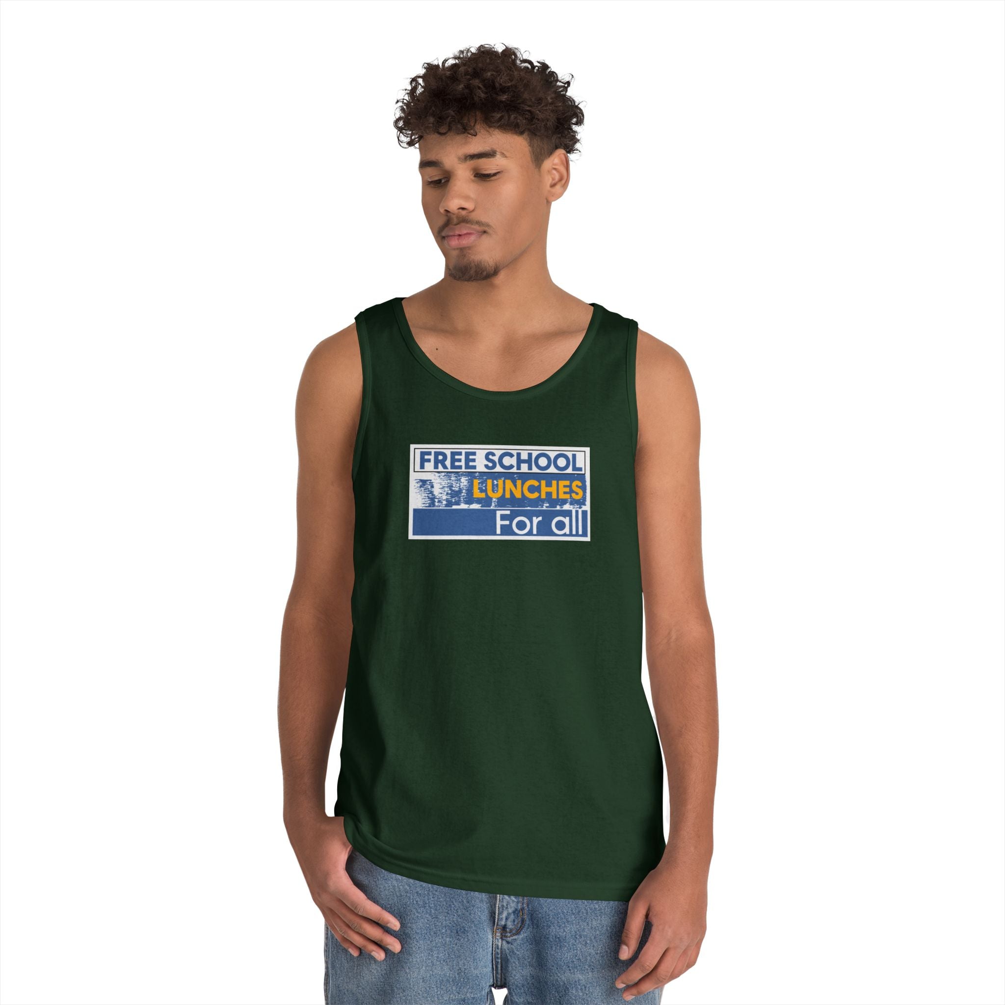 Unisex Medium fabric Cotton Tank Top - Free School Lunches For All (front) - Nurses Against The Rich Starving The Poor (back) - 100% cotton - NAH-K-G5200