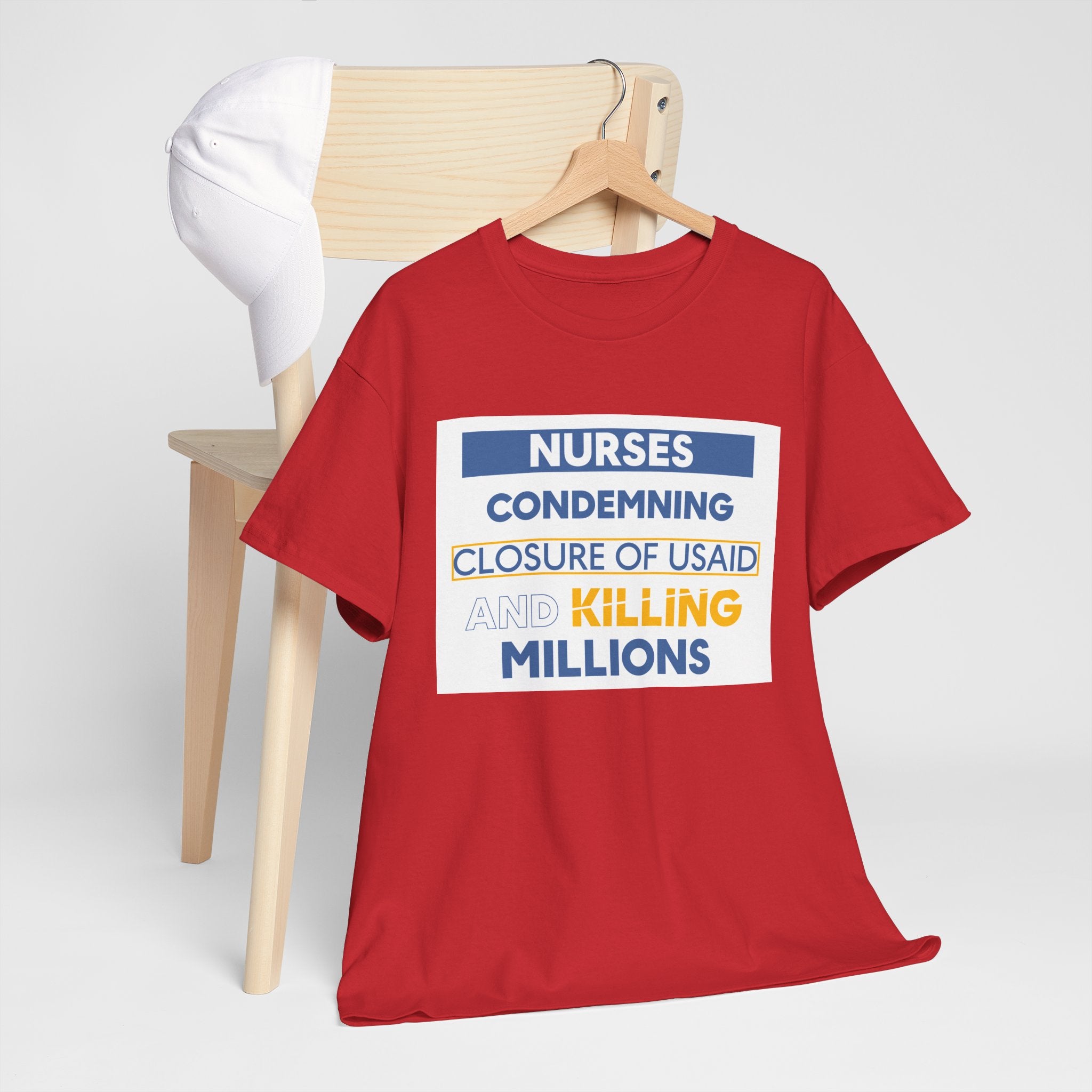 Unisex Medium fabric Cotton Tee - Nurses Condemning Closure of USAID (front) - Nurses For NIH CDC FEMA USAID And YOU (back) - 5.3 oz/yd² / 180 g/m² - NFG-T-G5000