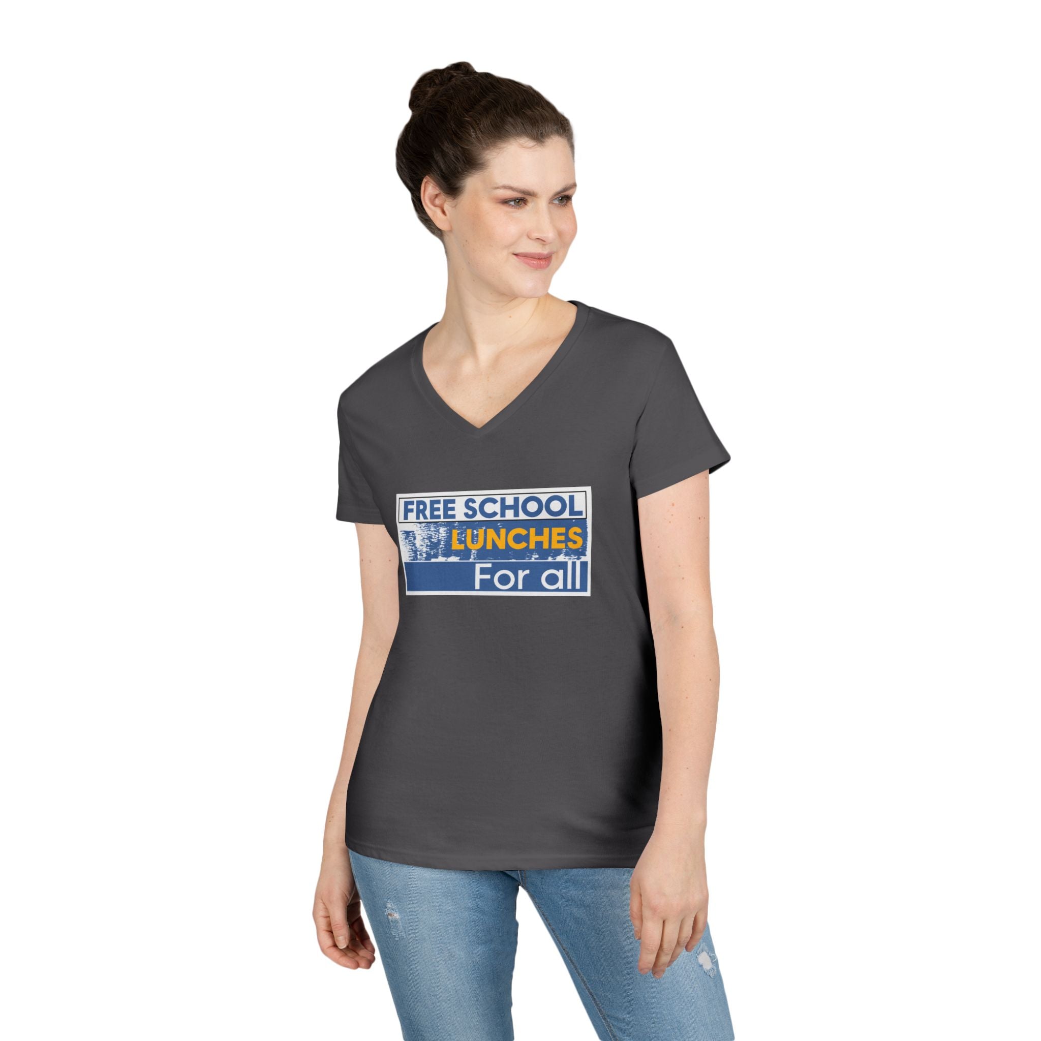 Women's Medium fabric V-Neck T-Shirt - Free School Lunches For All (front) - Nurses Against The Rich Starving The Poor (back) - 100% cotton - NAH-V-G5V00L
