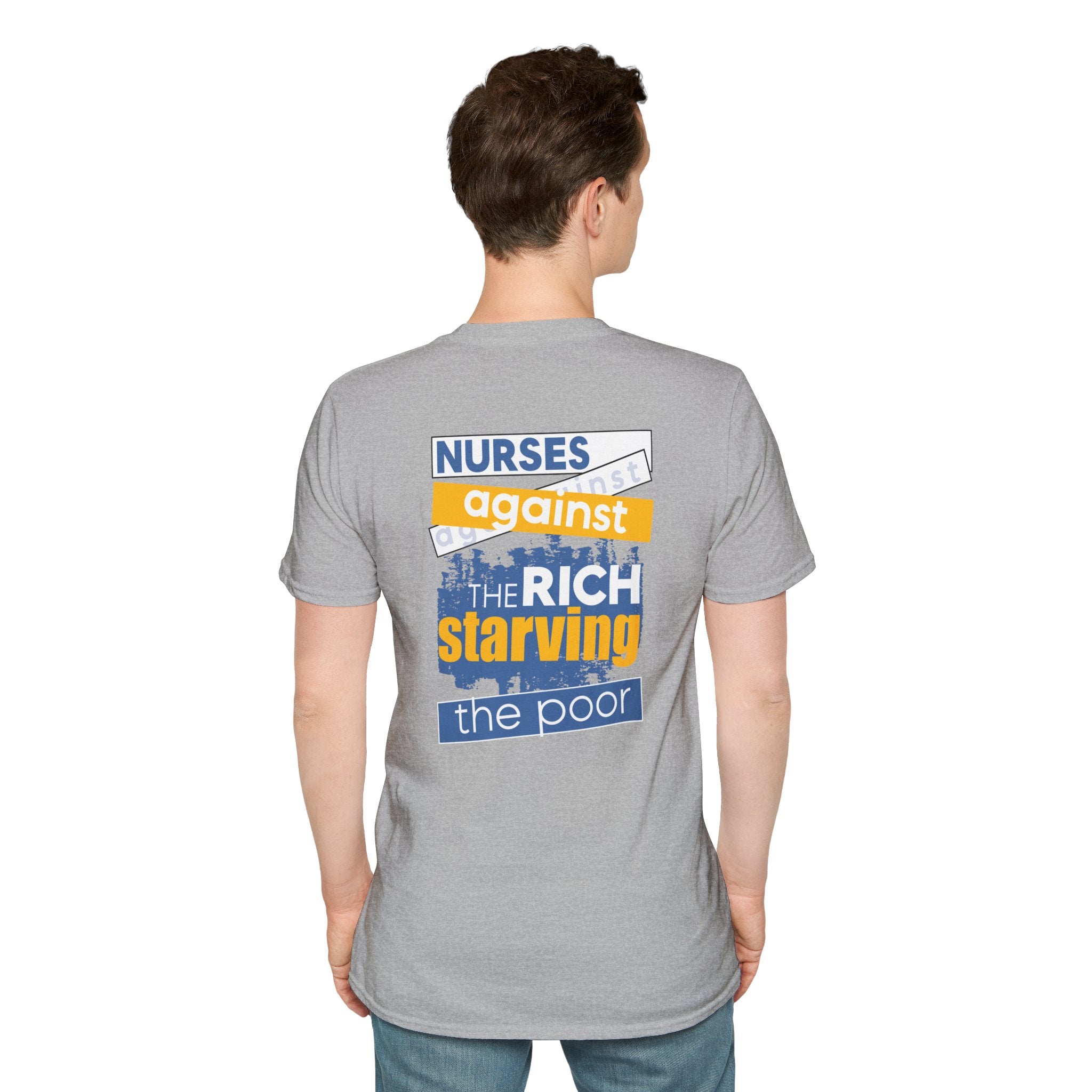 Unisex Lightweight fabric T-Shirt - Free School Lunches For All (front) - Nurses Against The Rich Starving The Poor (back) - 100% ring-spun cotton - NAH-T-G64000