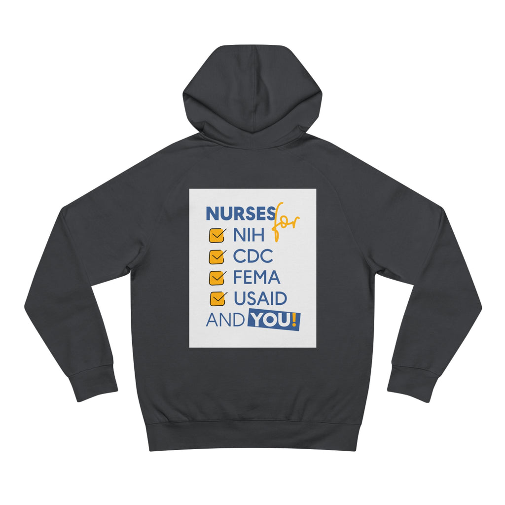 Unisex Mid-weight Hoodie - Nurses Condemning Closure of USAID (front) - Nurses For NIH CDC FEMA USAID And YOU (back) - 80% cotton, 20% Polyester - NFG-H-AC5101