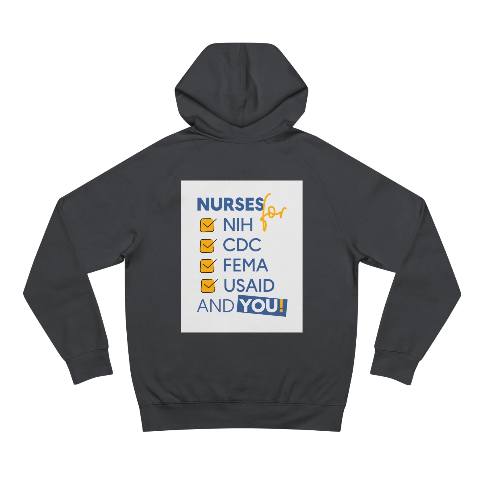 Unisex Mid-weight Hoodie - Nurses Condemning Closure of USAID (front) - Nurses For NIH CDC FEMA USAID And YOU (back) - 80% cotton, 20% Polyester - NFG-H-AC5101