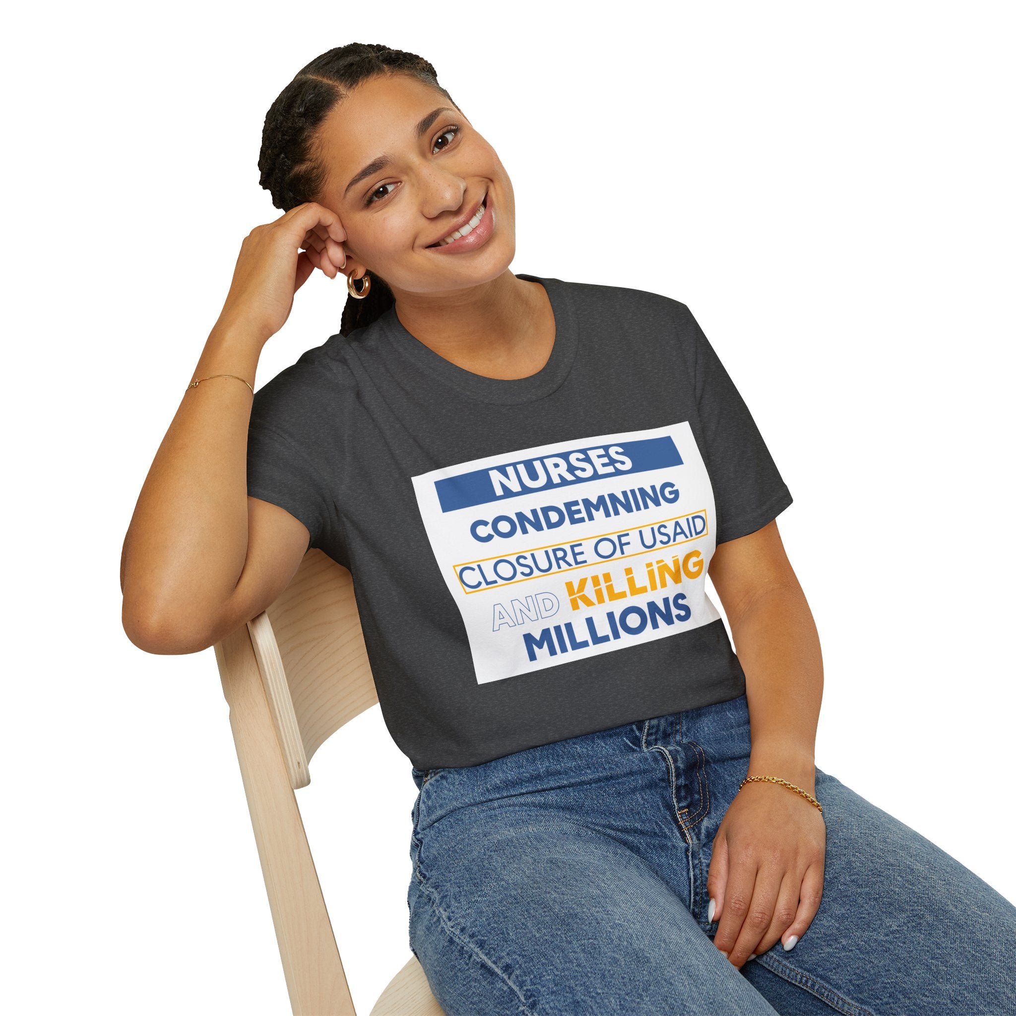 Unisex Lightweight fabric T-Shirt - Nurses Condemning Closure of USAID (front) - Nurses For NIH CDC FEMA USAID And YOU (back) - 100% ring-spun cotton - NFG-T-G64000