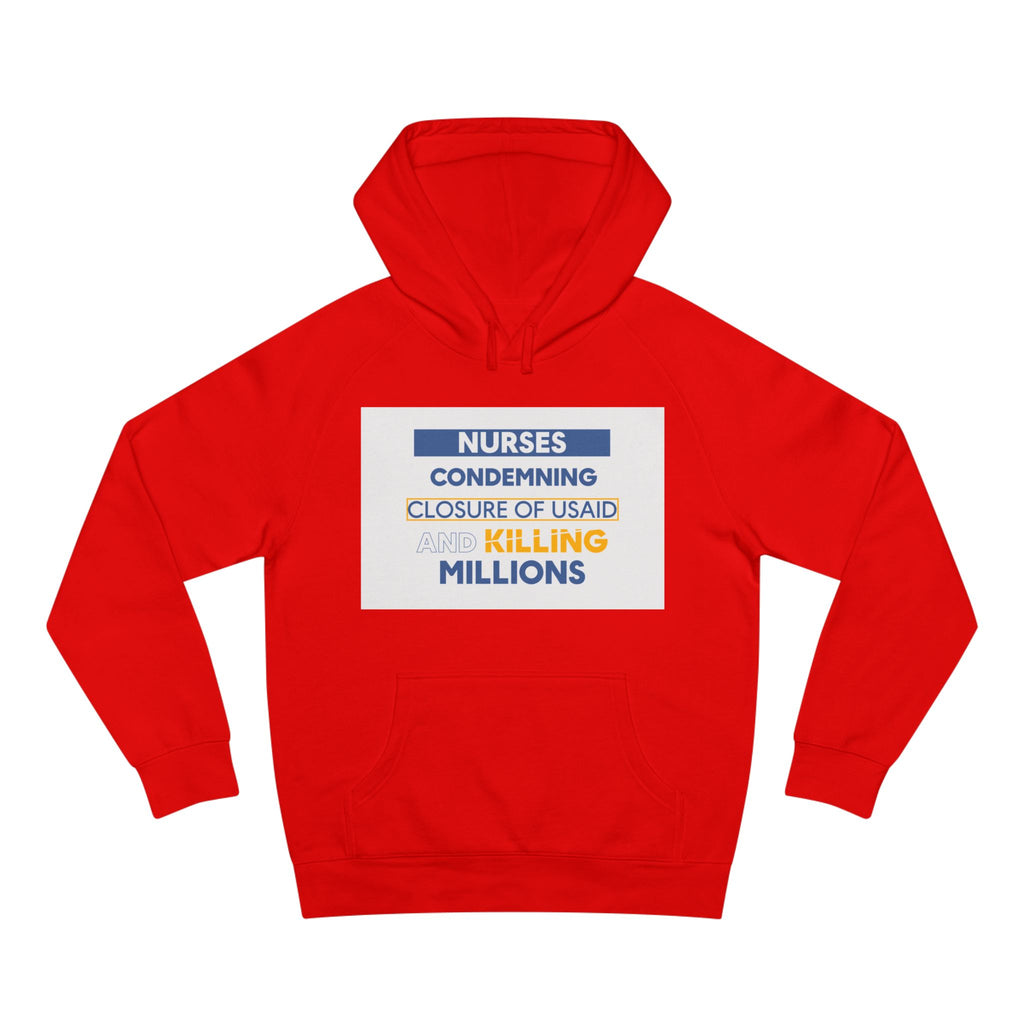 Unisex Mid-weight Hoodie - Nurses Condemning Closure of USAID (front) - Nurses For NIH CDC FEMA USAID And YOU (back) - 80% cotton, 20% Polyester - NFG-H-AC5101