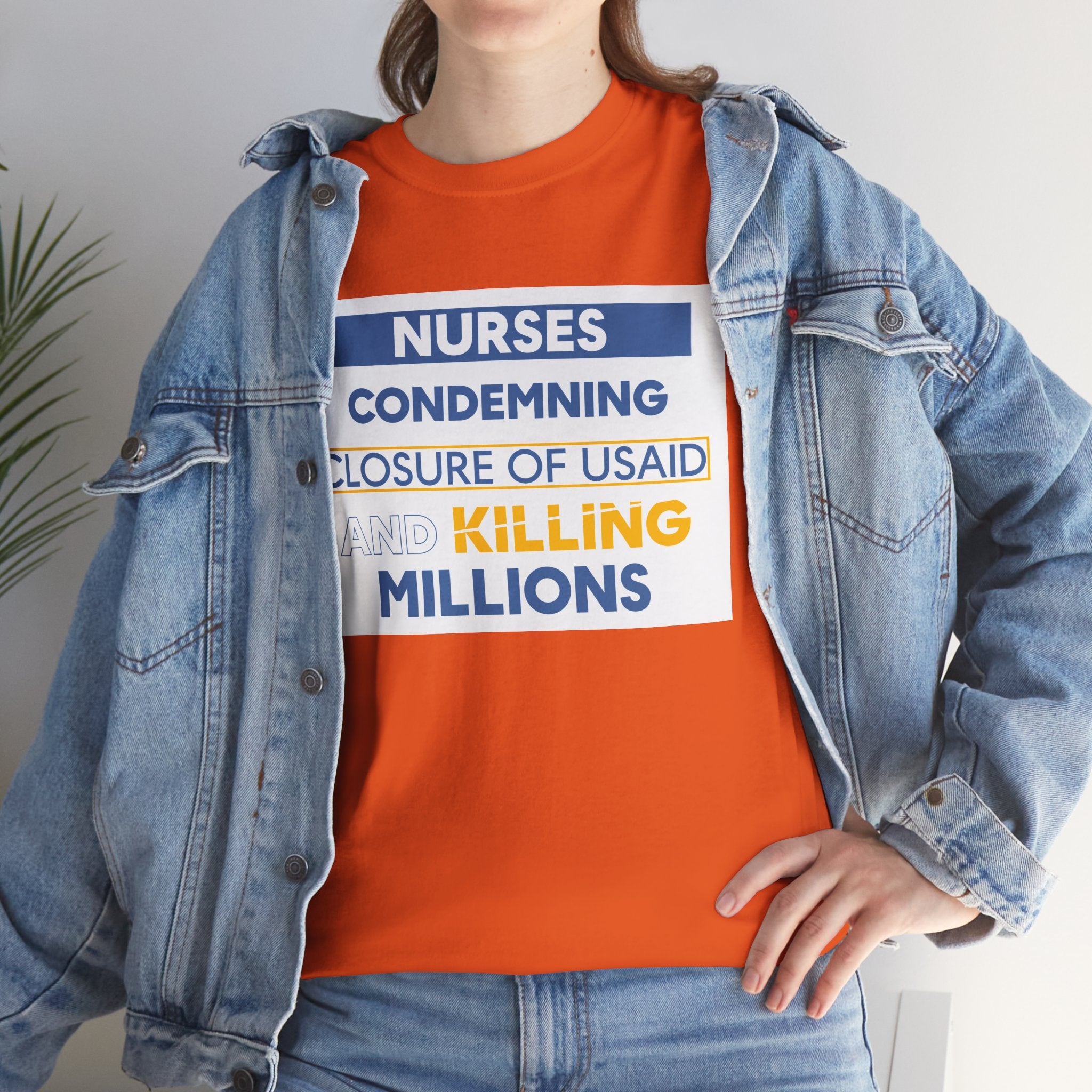 Unisex Medium fabric Cotton Tee - Nurses Condemning Closure of USAID (front) - Nurses For NIH CDC FEMA USAID And YOU (back) - 5.3 oz/yd² / 180 g/m² - NFG-T-G5000