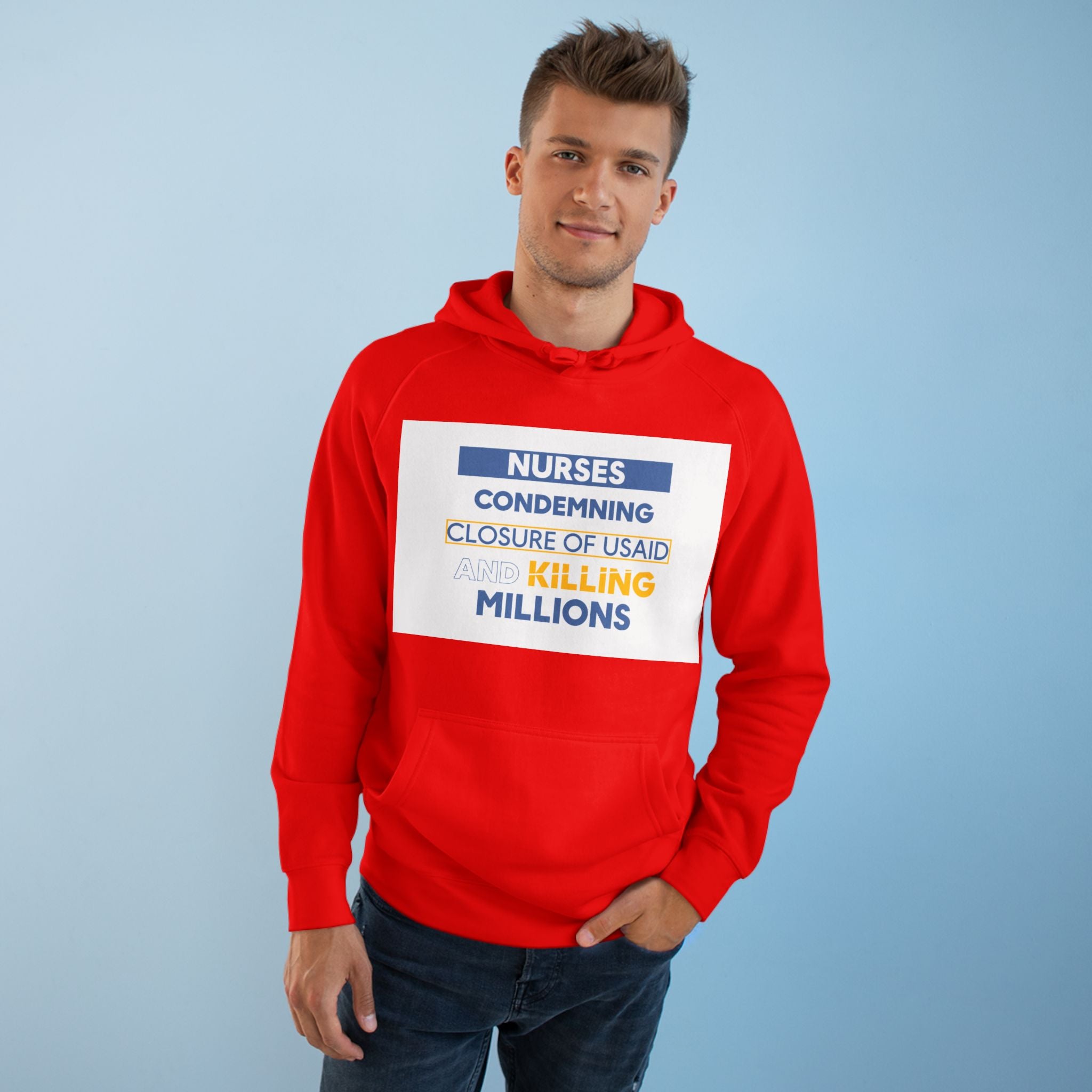 Unisex Mid-weight Hoodie - Nurses Condemning Closure of USAID (front) - Nurses For NIH CDC FEMA USAID And YOU (back) - 80% cotton, 20% Polyester - NFG-H-AC5101