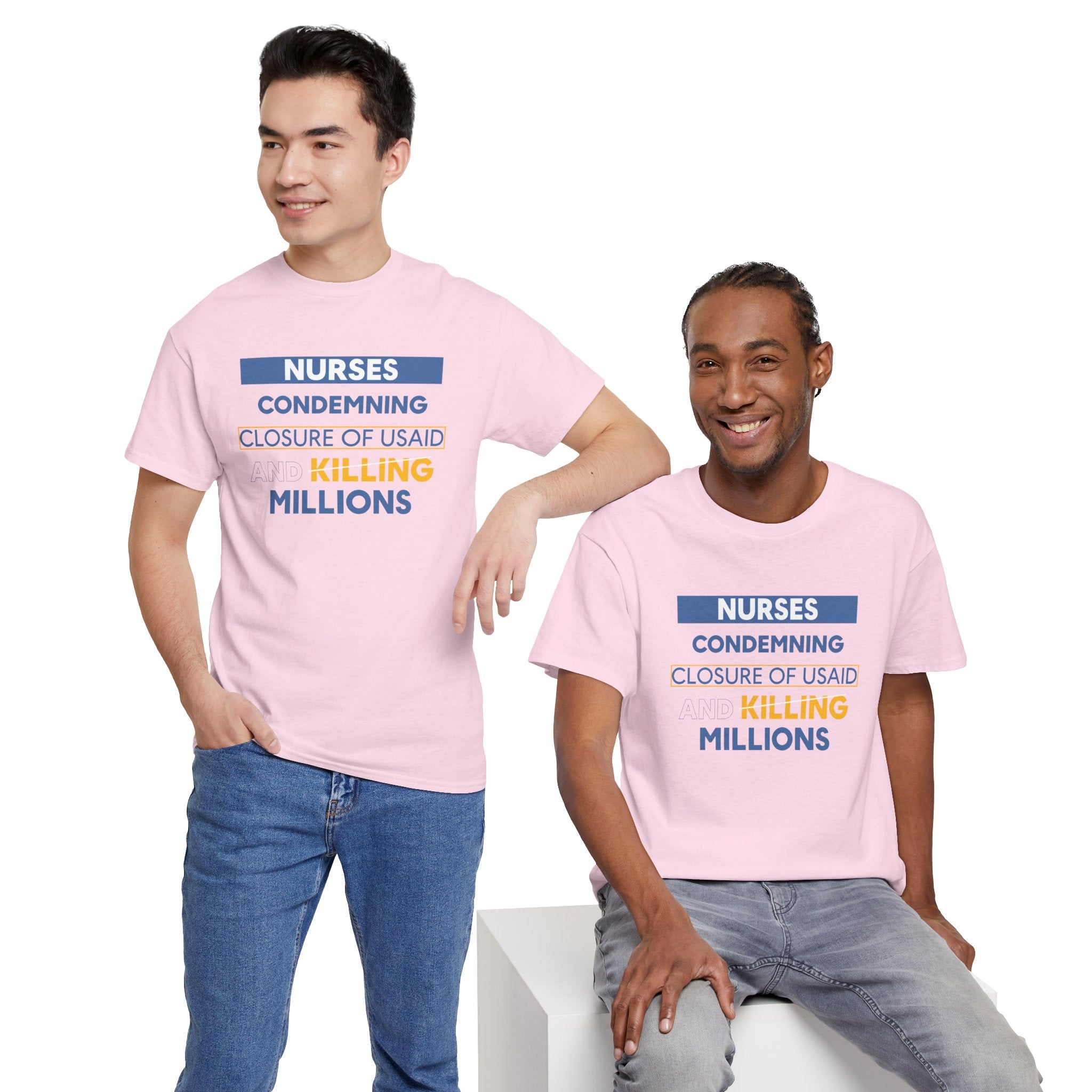 Unisex Medium fabric Cotton Tee - Nurses Condemning Closure of USAID (front) - Nurses For NIH CDC FEMA USAID And YOU (back) - 5.3 oz/yd² / 180 g/m² - NFG-T-G5000