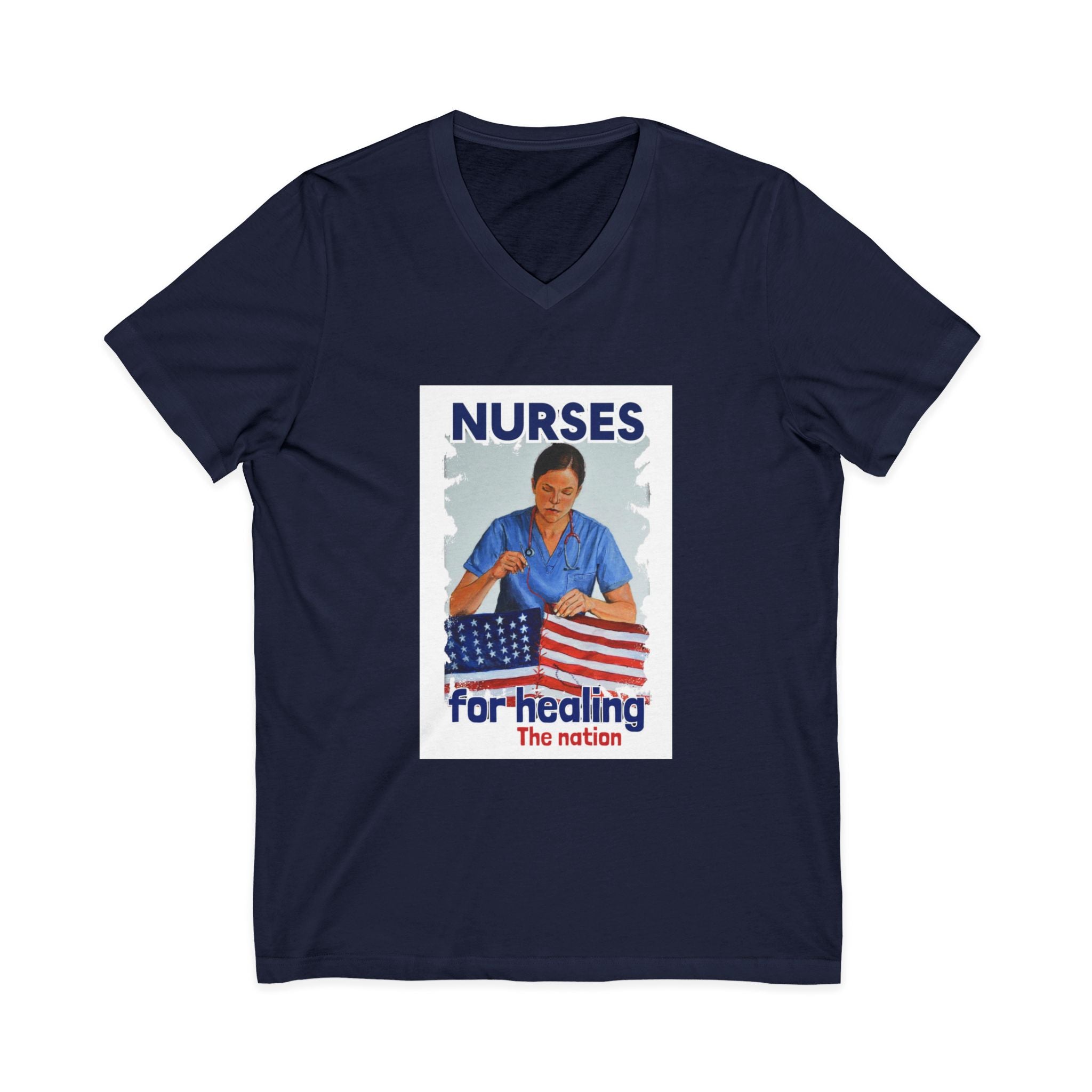 Unisex Lightweight fabric Jersey Short Sleeve V-Neck Tee - Nurses For Healing The Nation (front) - Nurses Standing Up For Humanity (back) - 100% cotton fabric - NFH-V-BC3005
