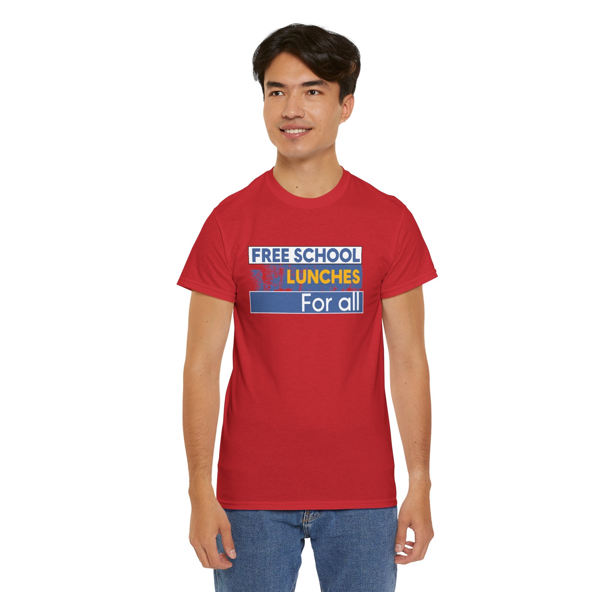 Unisex Medium fabric Cotton Tee - Free School Lunches For All (front) - Nurses Against The Rich Starving The Poor (back) - 5.3 oz/yd² / 180 g/m² - NAH-T-G5000