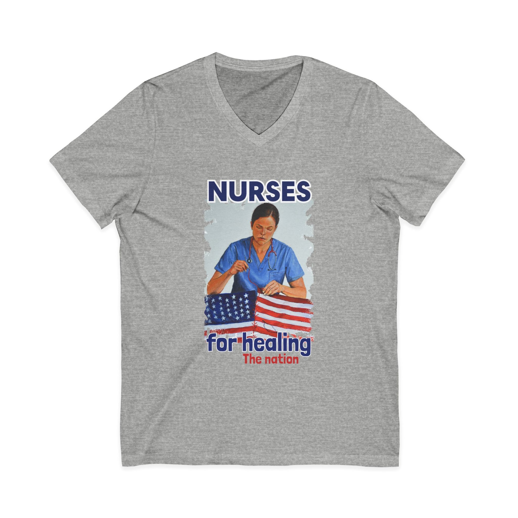 Unisex Lightweight fabric Jersey Short Sleeve V-Neck Tee - Nurses For Healing The Nation (front) - Nurses Standing Up For Humanity (back) - 100% cotton fabric - NFH-V-BC3005