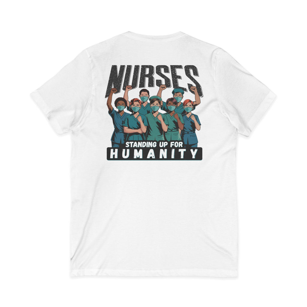 Unisex Lightweight fabric Jersey Short Sleeve V-Neck Tee - Nurses For Healing The Nation (front) - Nurses Standing Up For Humanity (back) - 100% cotton fabric - NFH-V-BC3005
