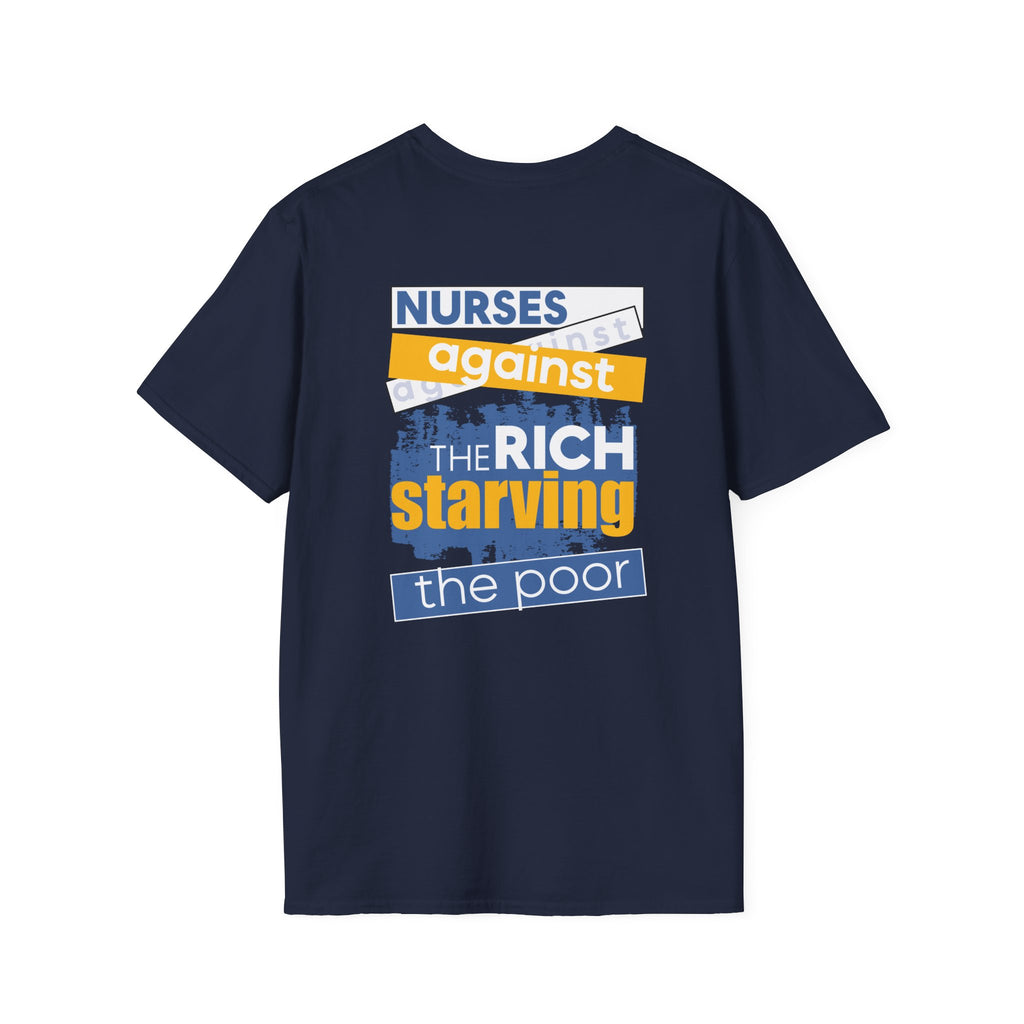 Unisex Lightweight fabric T-Shirt - Free School Lunches For All (front) - Nurses Against The Rich Starving The Poor (back) - 100% ring-spun cotton - NAH-T-G64000