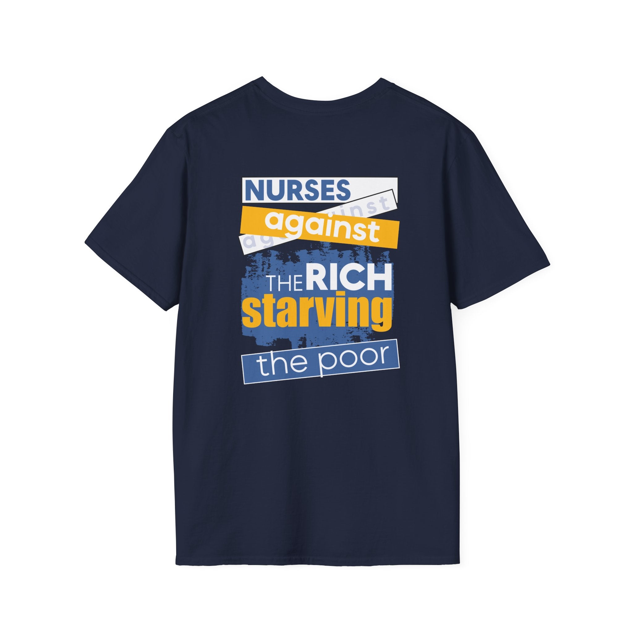 Unisex Lightweight fabric T-Shirt - Free School Lunches For All (front) - Nurses Against The Rich Starving The Poor (back) - 100% ring-spun cotton - NAH-T-G64000