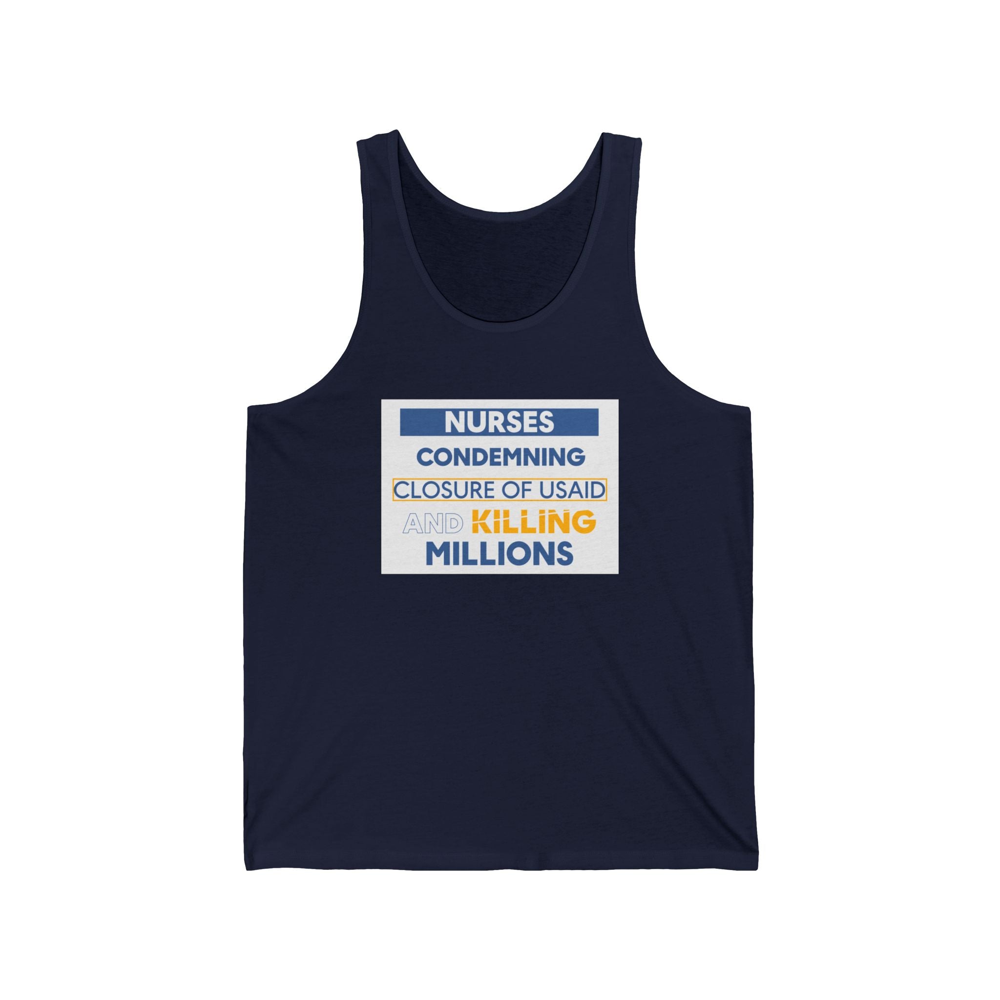 Unisex Light fabric Jersey Tank - Nurses Condemning Closure of USAID (front) - Nurses For NIH CDC FEMA USAID And YOU (back) - 100% Airlume combed and ring-spun cotton - NFG-K-BC3480