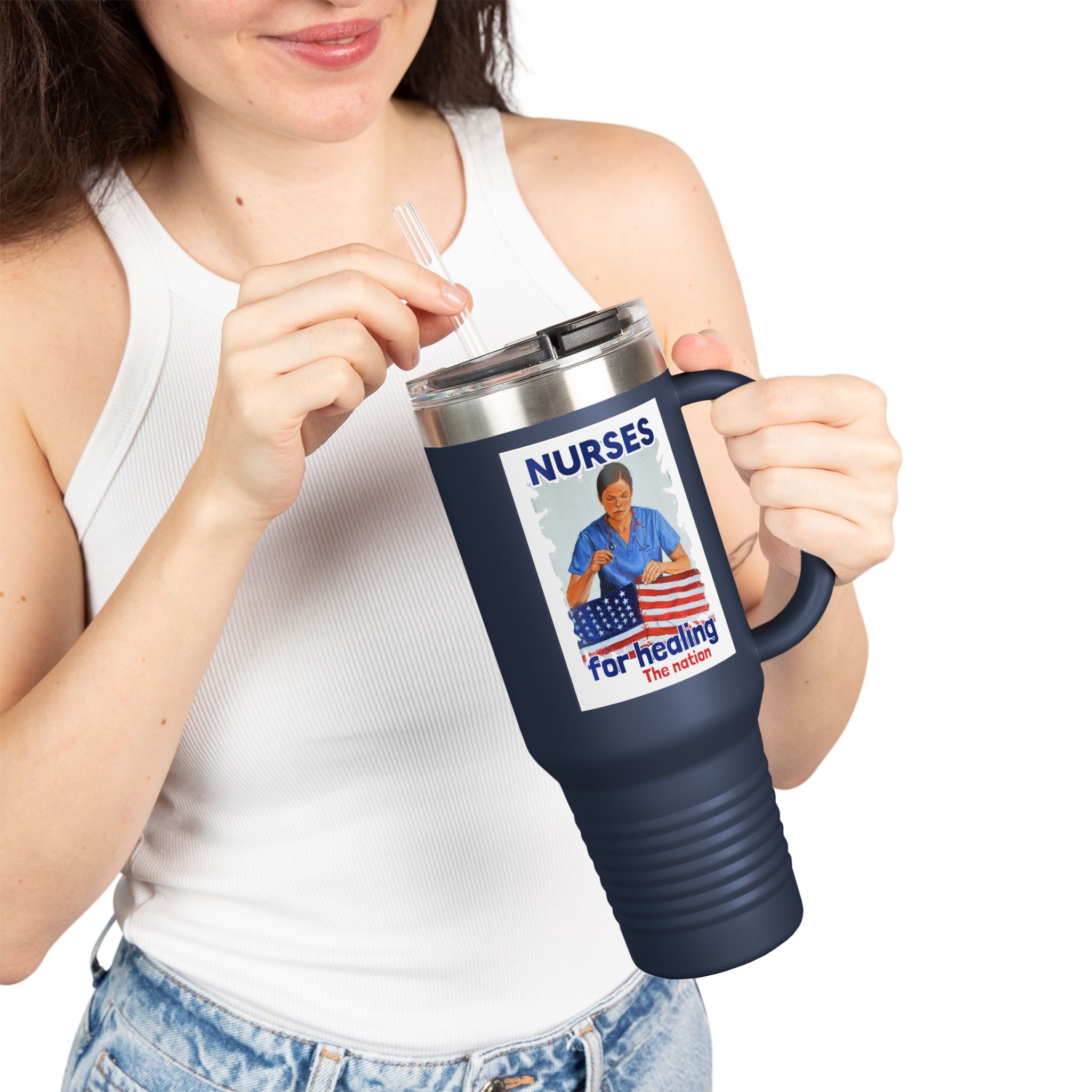 Travel Mug - Nurses For Healing The Nation (front) - Nurses Standing Up For Humanity (back) - 100% stainless steel (body) - NFH-TM-40oz
