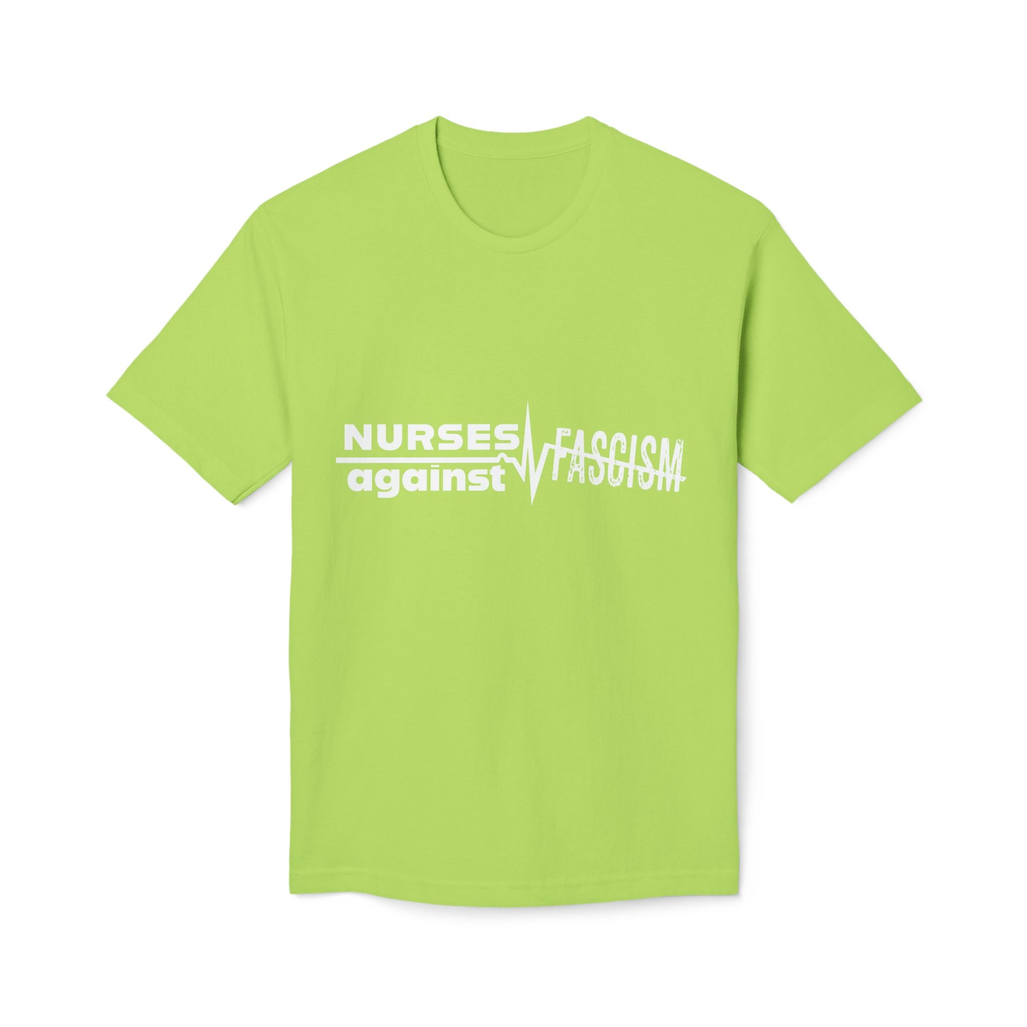 Unisex Midweight T-shirt, Nurses Against Fascism (front) - Nurses Against Cruelty (back) - 100% Polyster - NAF-T-BS5040