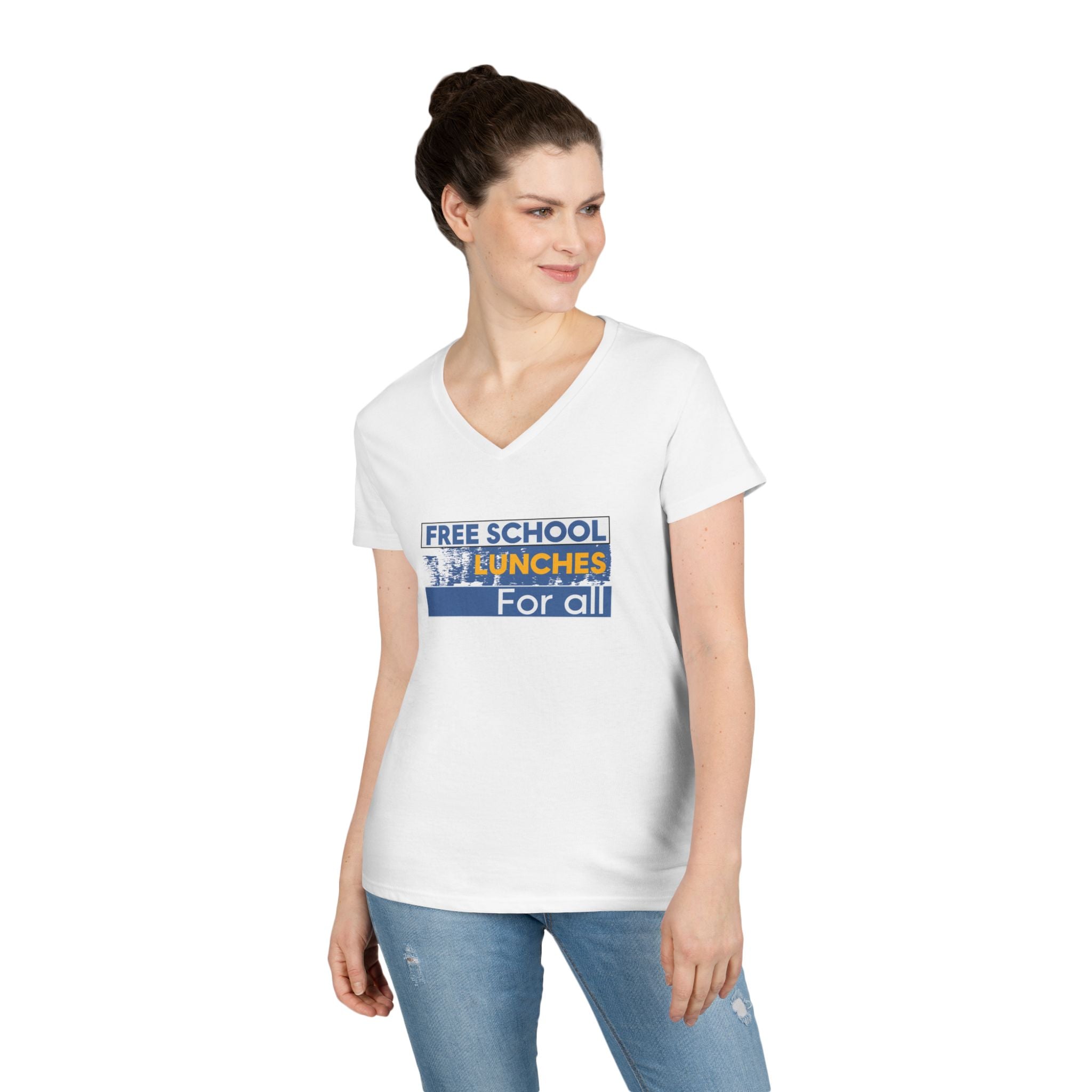 Women's Medium fabric V-Neck T-Shirt - Free School Lunches For All (front) - Nurses Against The Rich Starving The Poor (back) - 100% cotton - NAH-V-G5V00L