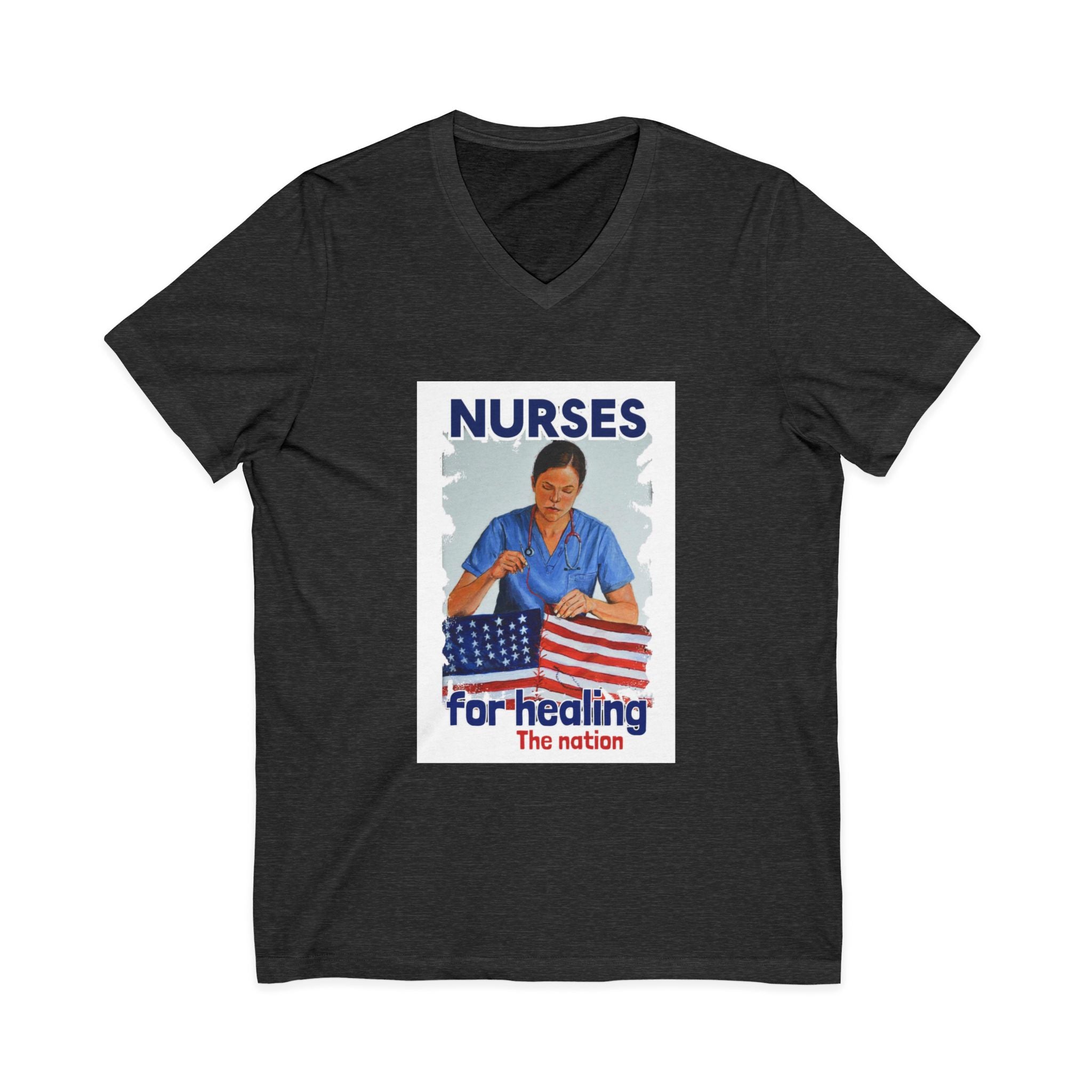 Unisex Lightweight fabric Jersey Short Sleeve V-Neck Tee - Nurses For Healing The Nation (front) - Nurses Standing Up For Humanity (back) - 100% cotton fabric - NFH-V-BC3005