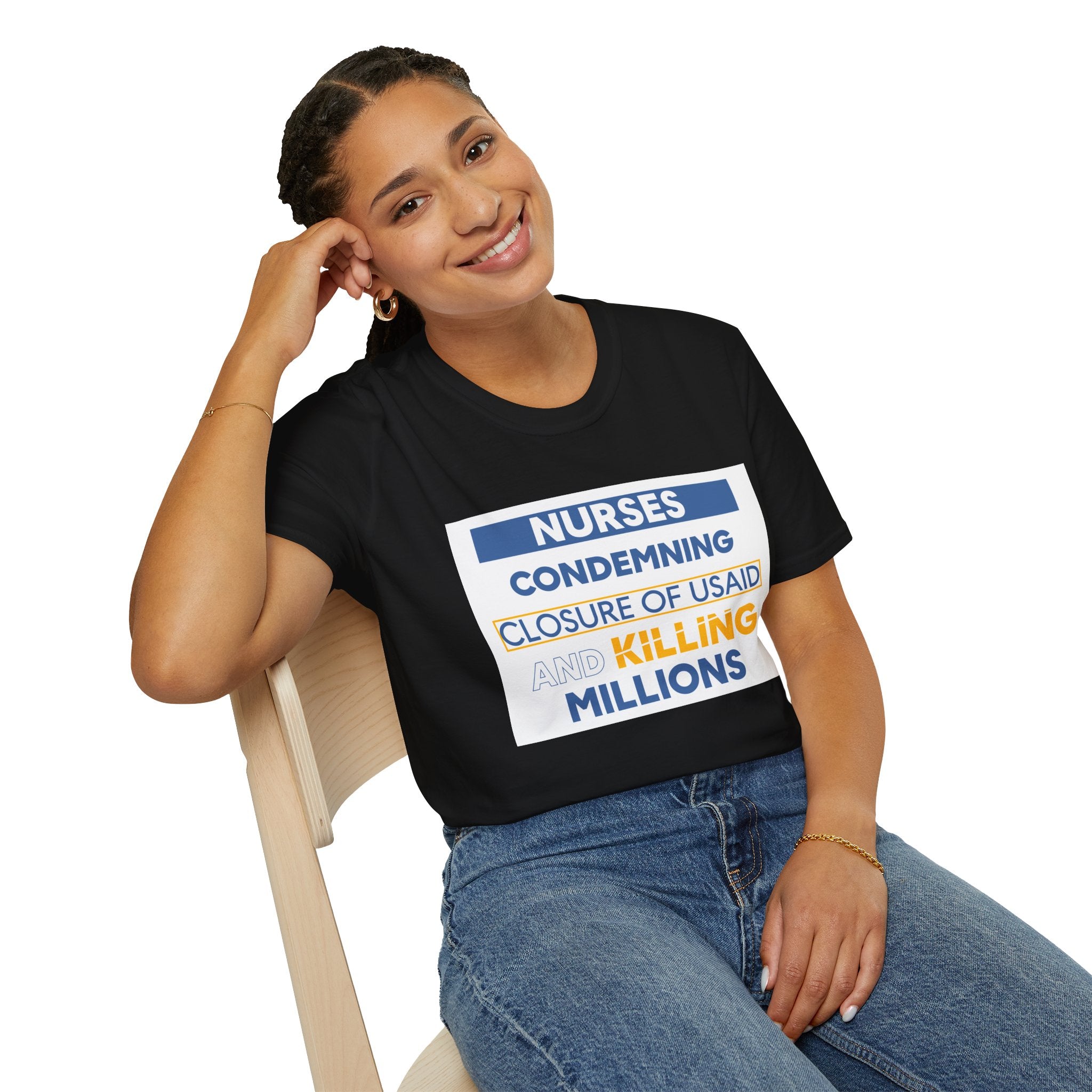 Unisex Lightweight fabric T-Shirt - Nurses Condemning Closure of USAID (front) - Nurses For NIH CDC FEMA USAID And YOU (back) - 100% ring-spun cotton - NFG-T-G64000