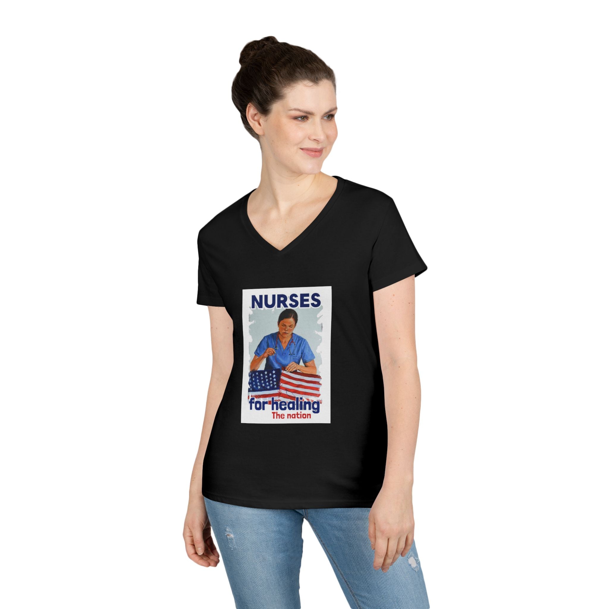 Women's Medium fabric V-Neck T-Shirt - Nurses For Healing The Nation (front) - Nurses Standing Up For Humanity (back) - 100% cotton - NFH-V-G5V00L
