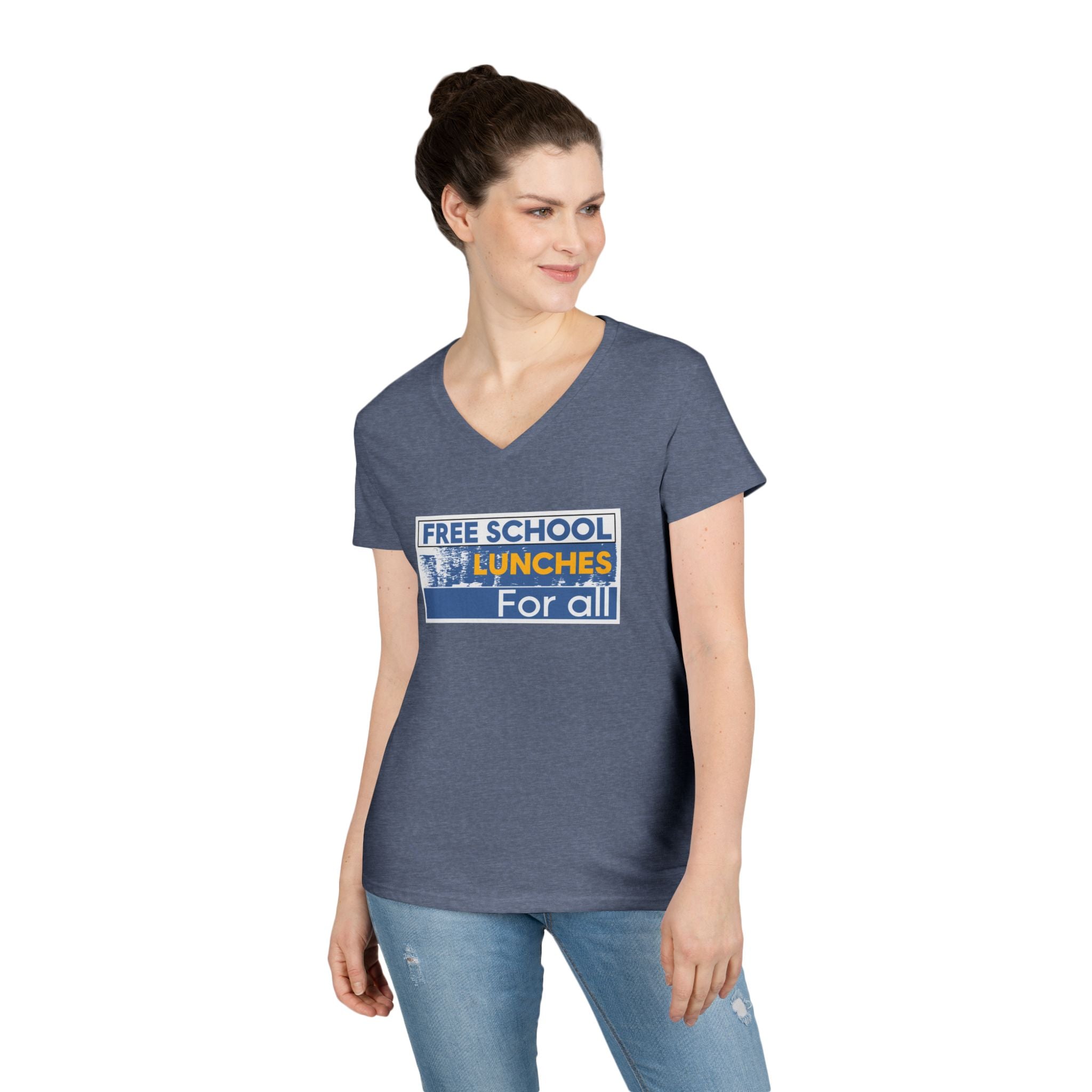 Women's Medium fabric V-Neck T-Shirt - Free School Lunches For All (front) - Nurses Against The Rich Starving The Poor (back) - 100% cotton - NAH-V-G5V00L