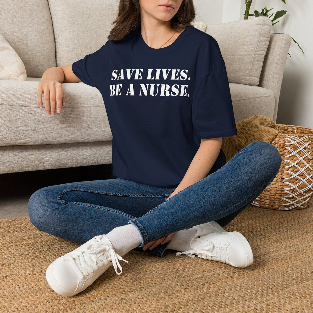 Unisex Lightweight fabric T-Shirt - Save Life Be a Nurse (front) - Who advocates? Who defends? Who protects? Who educates? Who intervenes? Who cares? (back) - 100% ring-spun cotton - SLBN-T-G64000
