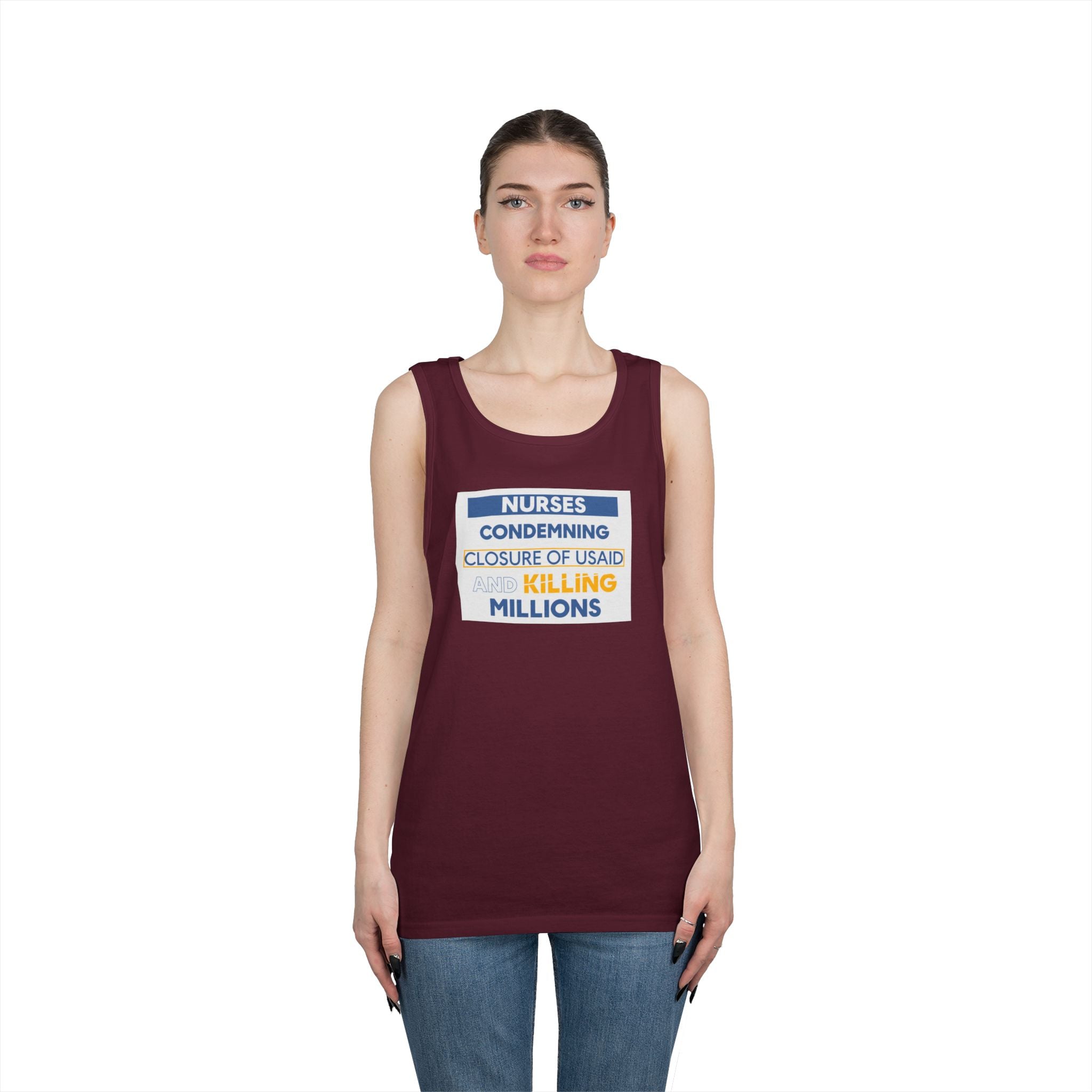 Unisex Medium fabric Cotton Tank Top - Nurses Condemning Closure of USAID (front) - Nurses For NIH CDC FEMA USAID And YOU (back) - 100% cotton - NFG-K-G5200