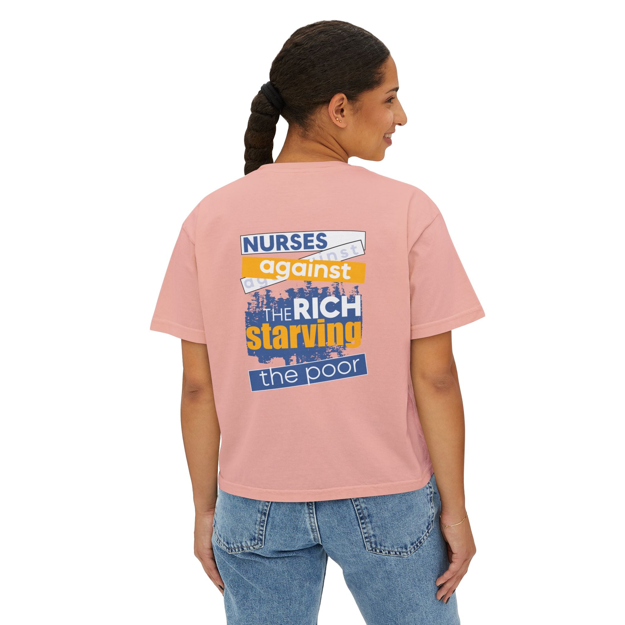 Women's Boxy Heavy fabric Tee - Free School Lunches For All (front) - Nurses Against The Rich Starving The Poor (back) - 100% ring-spun US cotton - NAH-T-CC3023CL