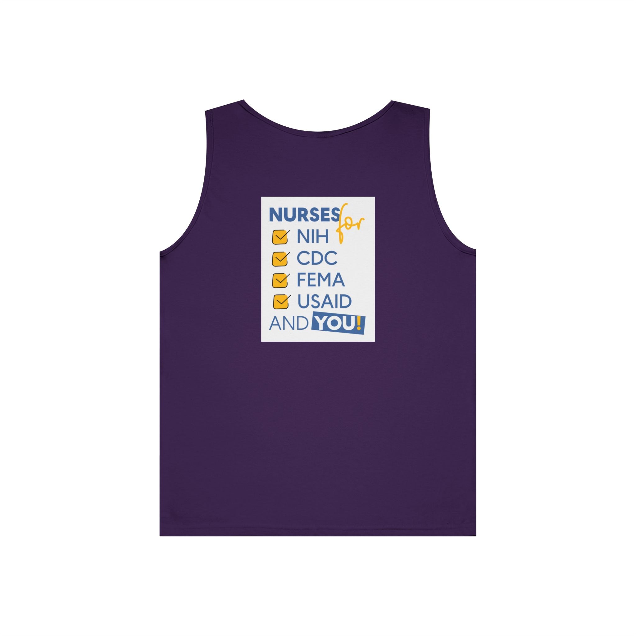 Unisex Medium fabric Cotton Tank Top - Nurses Condemning Closure of USAID (front) - Nurses For NIH CDC FEMA USAID And YOU (back) - 100% cotton - NFG-K-G5200