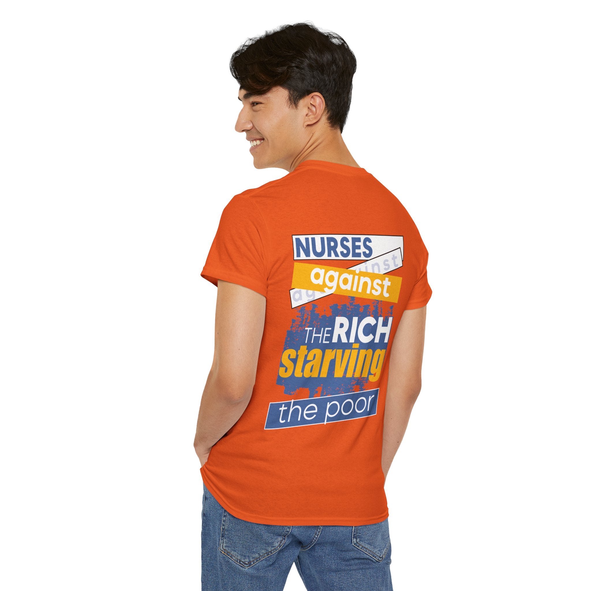 Unisex Medium fabric Cotton Tee - Free School Lunches For All (front) - Nurses Against The Rich Starving The Poor (back) - 5.3 oz/yd² / 180 g/m² - NAH-T-G5000