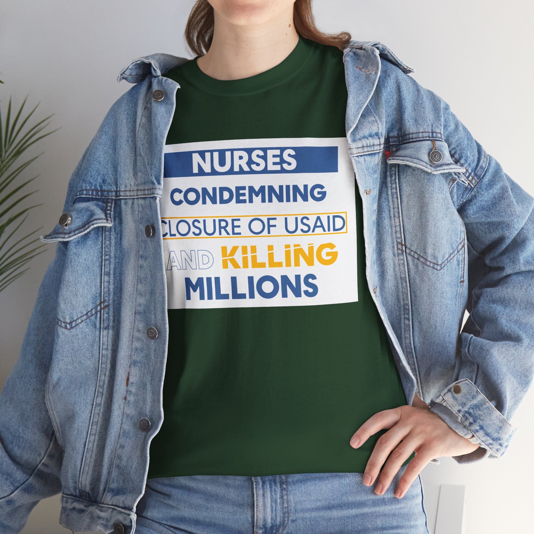 Unisex Medium fabric Cotton Tee - Nurses Condemning Closure of USAID (front) - Nurses For NIH CDC FEMA USAID And YOU (back) - 5.3 oz/yd² / 180 g/m² - NFG-T-G5000