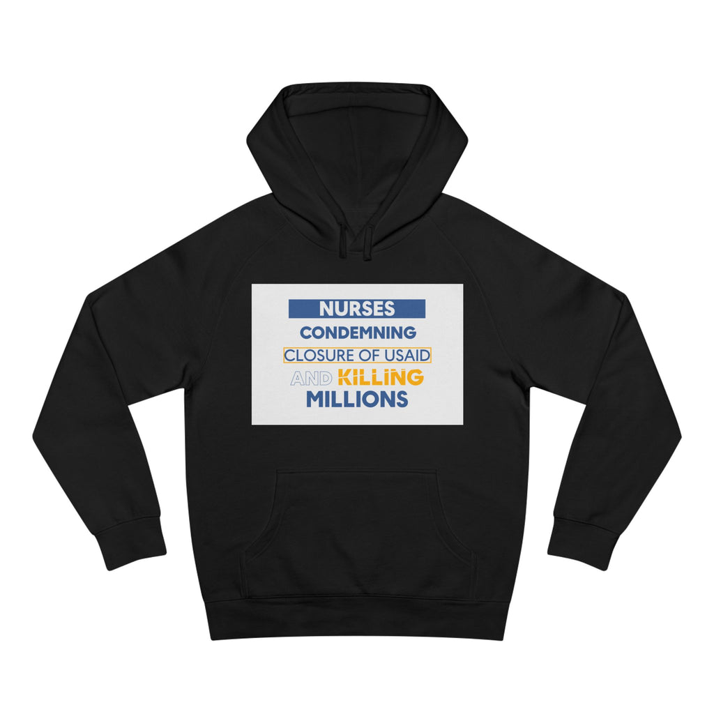 Unisex Mid-weight Hoodie - Nurses Condemning Closure of USAID (front) - Nurses For NIH CDC FEMA USAID And YOU (back) - 80% cotton, 20% Polyester - NFG-H-AC5101