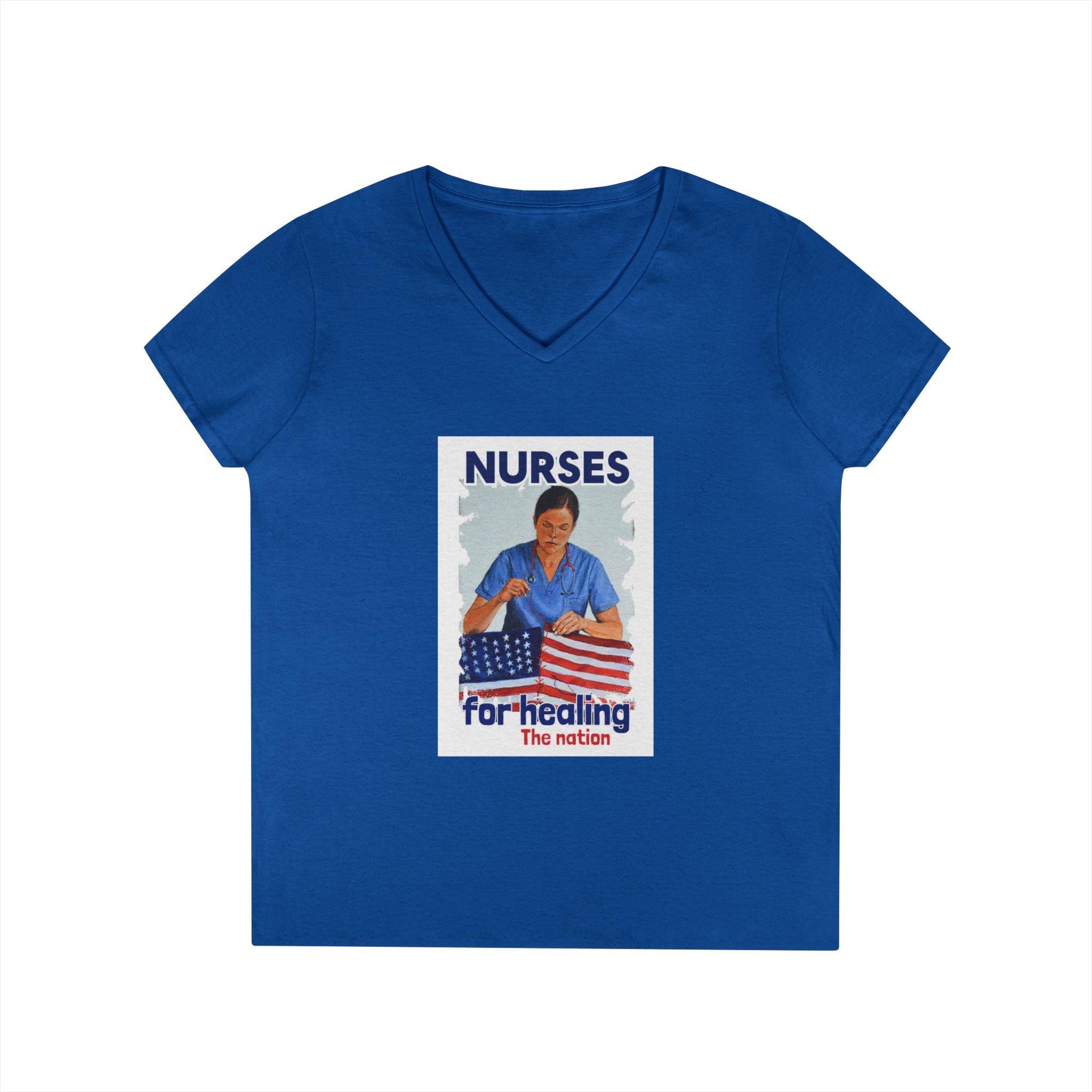 Women's Medium fabric V-Neck T-Shirt - Nurses For Healing The Nation (front) - Nurses Standing Up For Humanity (back) - 100% cotton - NFH-V-G5V00L