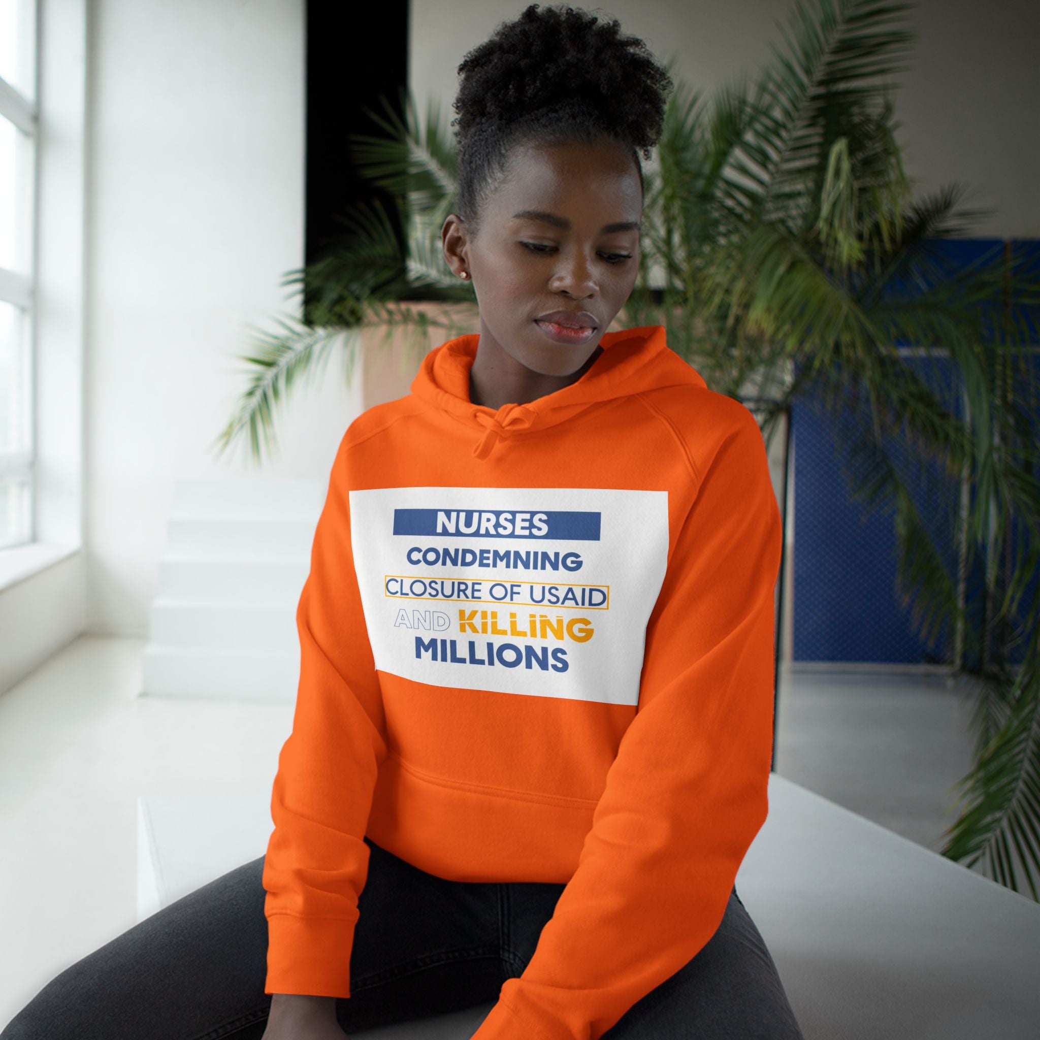 Unisex Mid-weight Hoodie - Nurses Condemning Closure of USAID (front) - Nurses For NIH CDC FEMA USAID And YOU (back) - 80% cotton, 20% Polyester - NFG-H-AC5101