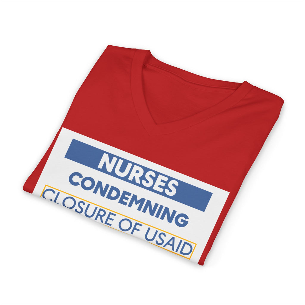 Unisex Lightweight fabric Jersey Short Sleeve V-Neck Tee - Nurses Condemning Closure of USAID (front) - Nurses For NIH CDC FEMA USAID And YOU (back) - 100% cotton fabric - NFG-V-BC3005