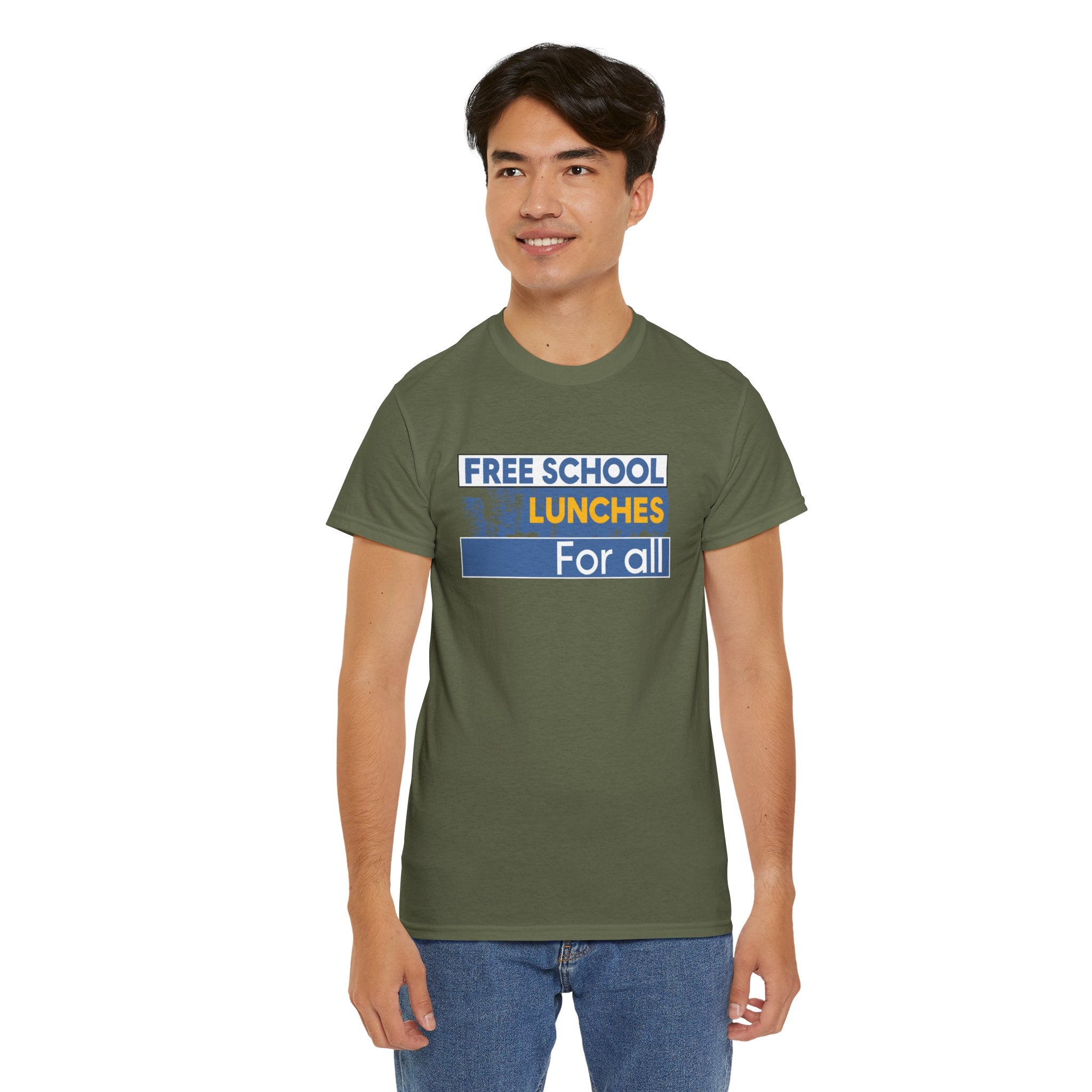 Unisex Medium fabric Cotton Tee - Free School Lunches For All (front) - Nurses Against The Rich Starving The Poor (back) - 5.3 oz/yd² / 180 g/m² - NAH-T-G5000
