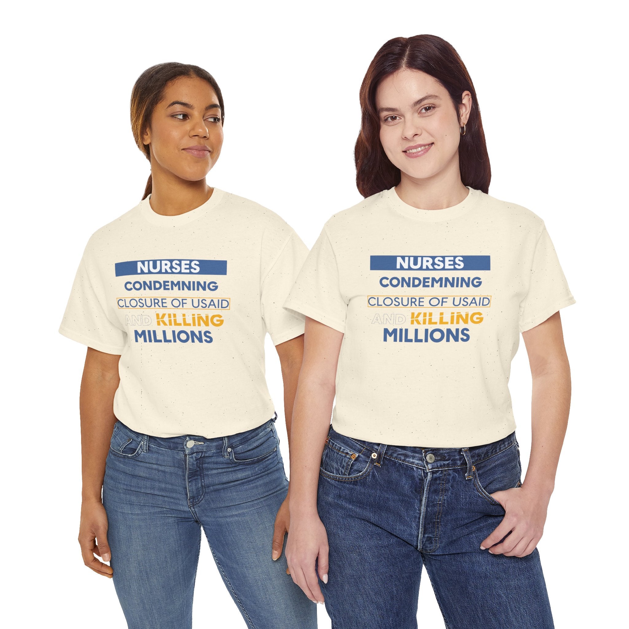 Unisex Medium fabric Cotton Tee - Nurses Condemning Closure of USAID (front) - Nurses For NIH CDC FEMA USAID And YOU (back) - 5.3 oz/yd² / 180 g/m² - NFG-T-G5000