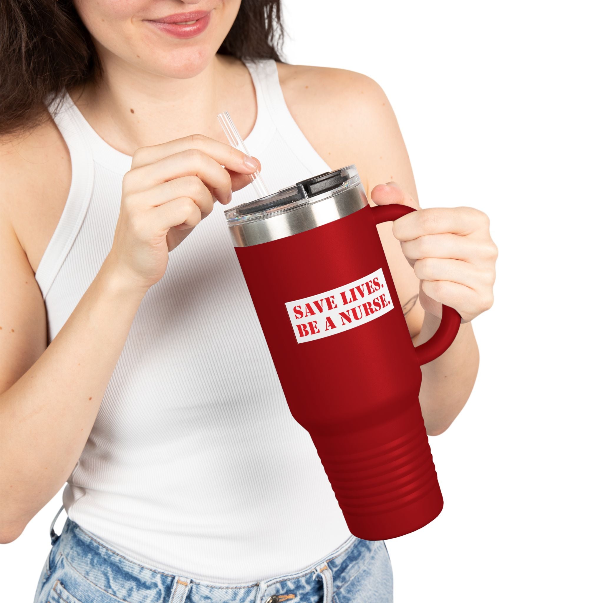 Travel Mug - Save Lives Be A Nurse (front) - Not Your Mom (back) - 100% stainless steel (body) - SLM-TM-40oz