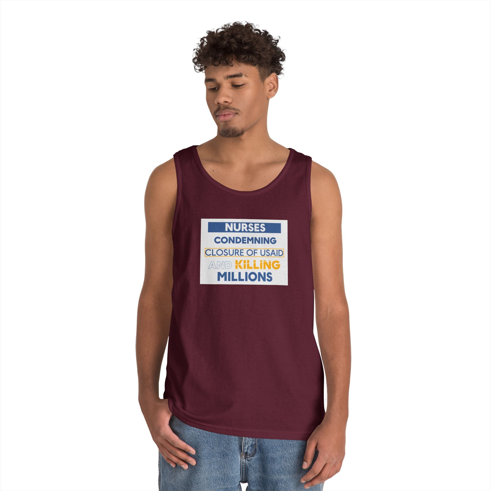 Unisex Medium fabric Cotton Tank Top - Nurses Condemning Closure of USAID (front) - Nurses For NIH CDC FEMA USAID And YOU (back) - 100% cotton - NFG-K-G5200