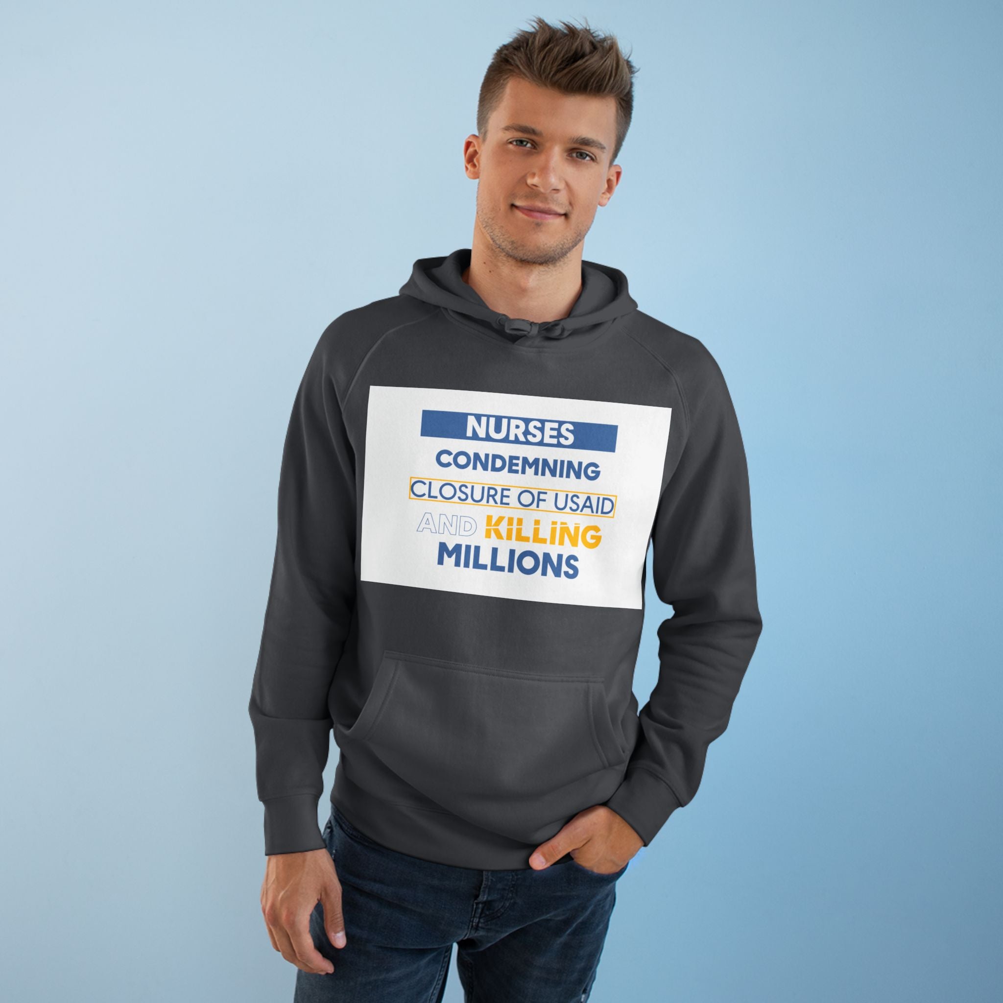 Unisex Mid-weight Hoodie - Nurses Condemning Closure of USAID (front) - Nurses For NIH CDC FEMA USAID And YOU (back) - 80% cotton, 20% Polyester - NFG-H-AC5101