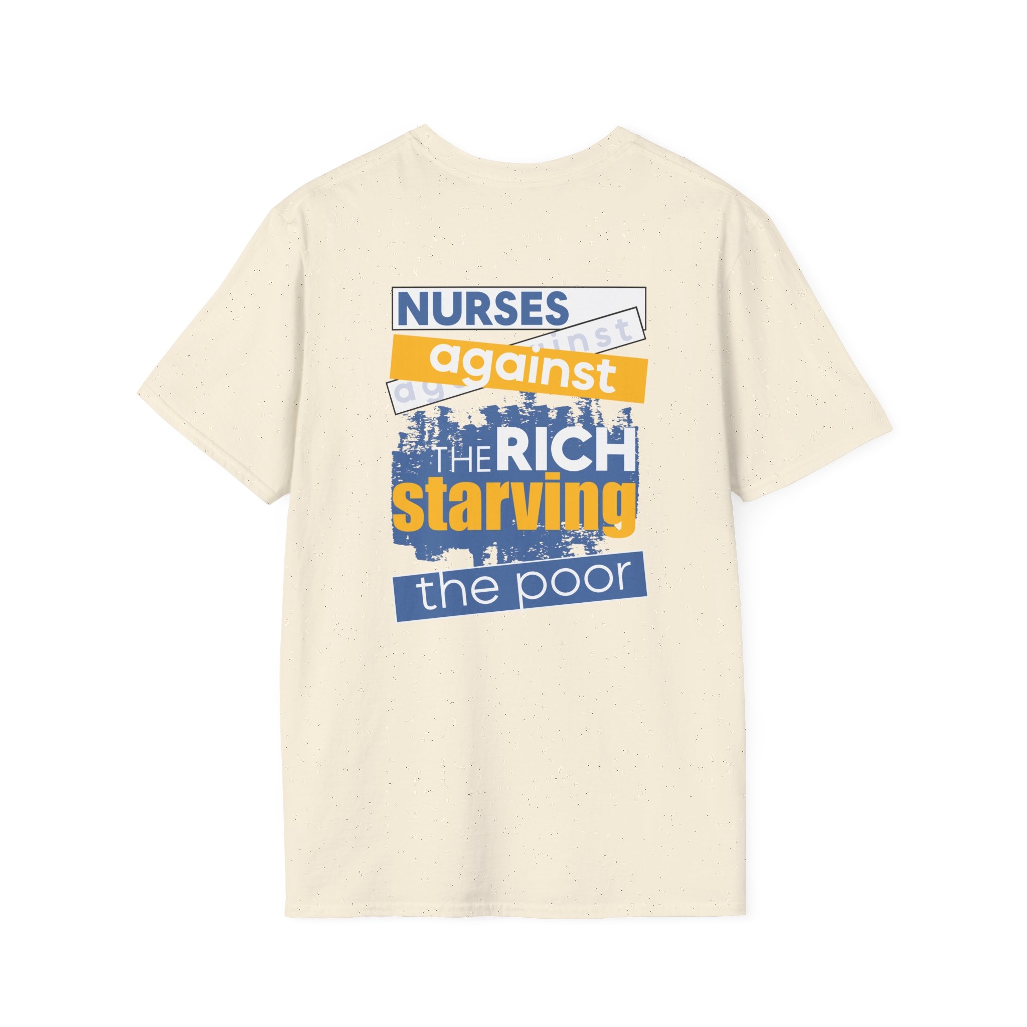Unisex Lightweight fabric T-Shirt - Free School Lunches For All (front) - Nurses Against The Rich Starving The Poor (back) - 100% ring-spun cotton - NAH-T-G64000