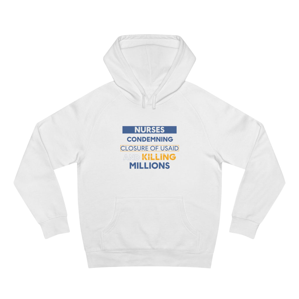 Unisex Mid-weight Hoodie - Nurses Condemning Closure of USAID (front) - Nurses For NIH CDC FEMA USAID And YOU (back) - 80% cotton, 20% Polyester - NFG-H-AC5101