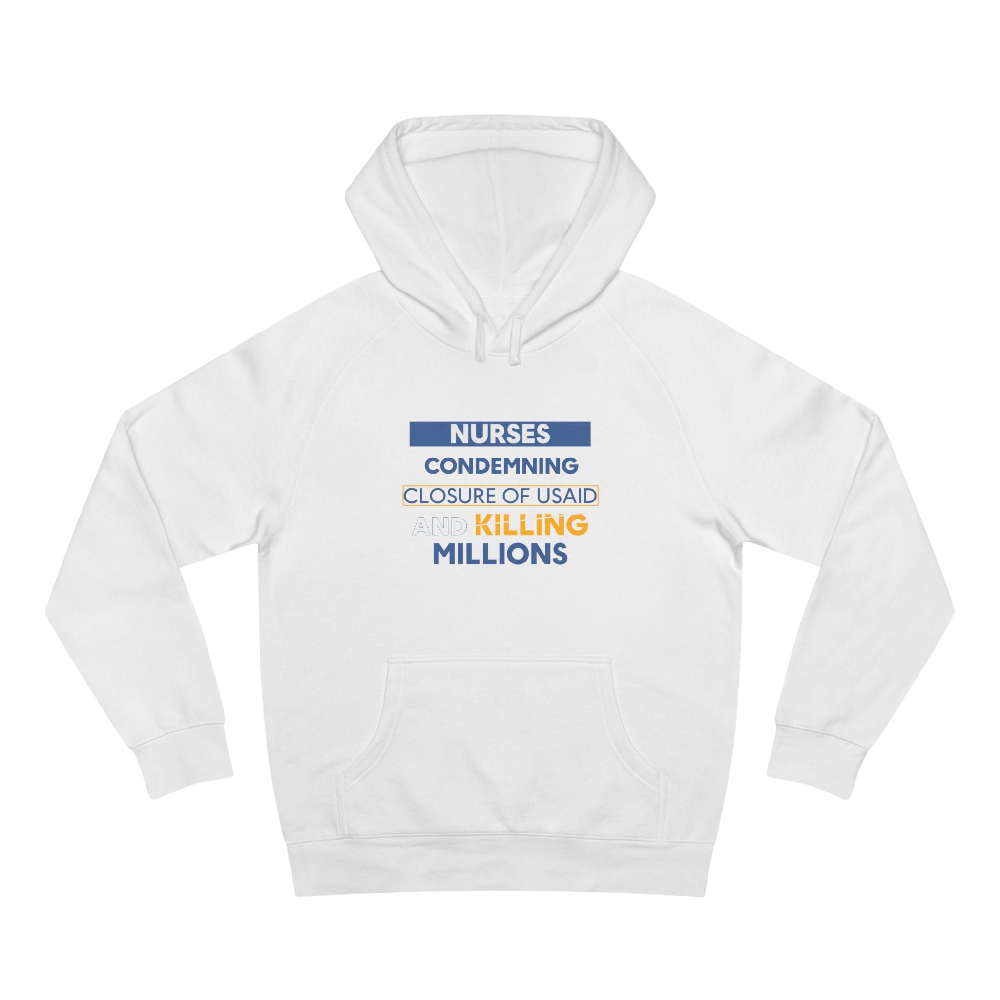 Unisex Mid-weight Hoodie - Nurses Condemning Closure of USAID (front) - Nurses For NIH CDC FEMA USAID And YOU (back) - 80% cotton, 20% Polyester - NFG-H-AC5101