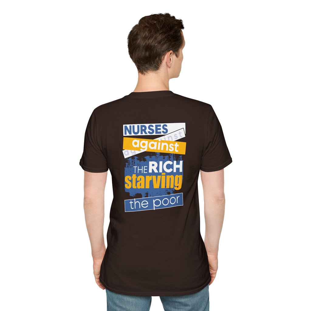 Unisex Lightweight fabric T-Shirt - Free School Lunches For All (front) - Nurses Against The Rich Starving The Poor (back) - 100% ring-spun cotton - NAH-T-G64000