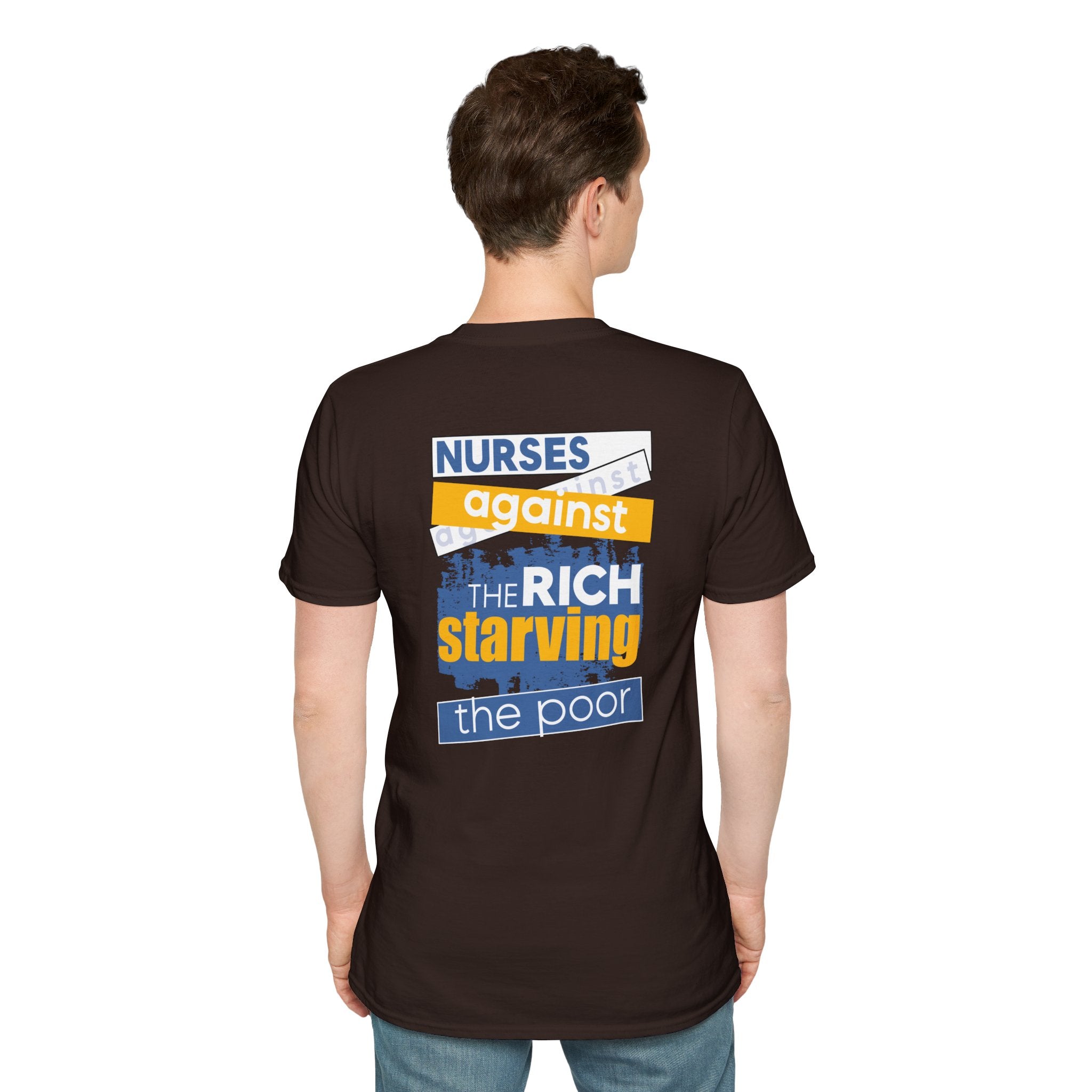 Unisex Lightweight fabric T-Shirt - Free School Lunches For All (front) - Nurses Against The Rich Starving The Poor (back) - 100% ring-spun cotton - NAH-T-G64000