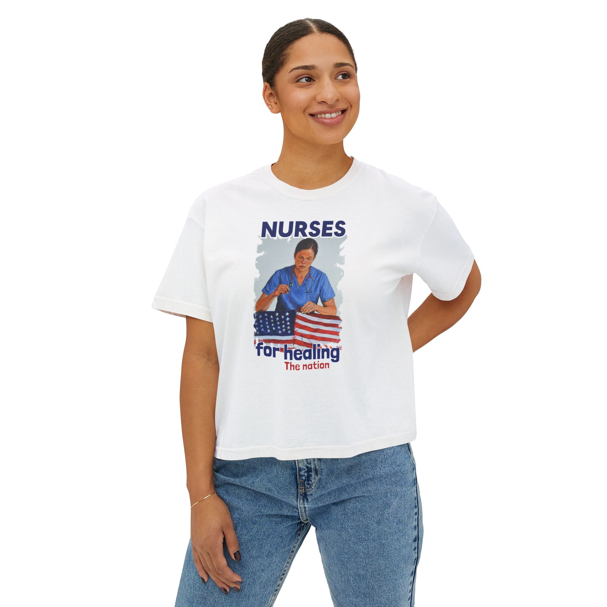Women's Boxy Heavy fabric Tee - Nurses For Healing The Nation (front) - Nurses Standing Up For Humanity (back) - 100% ring-spun US cotton - NFH-T-CC3023CL