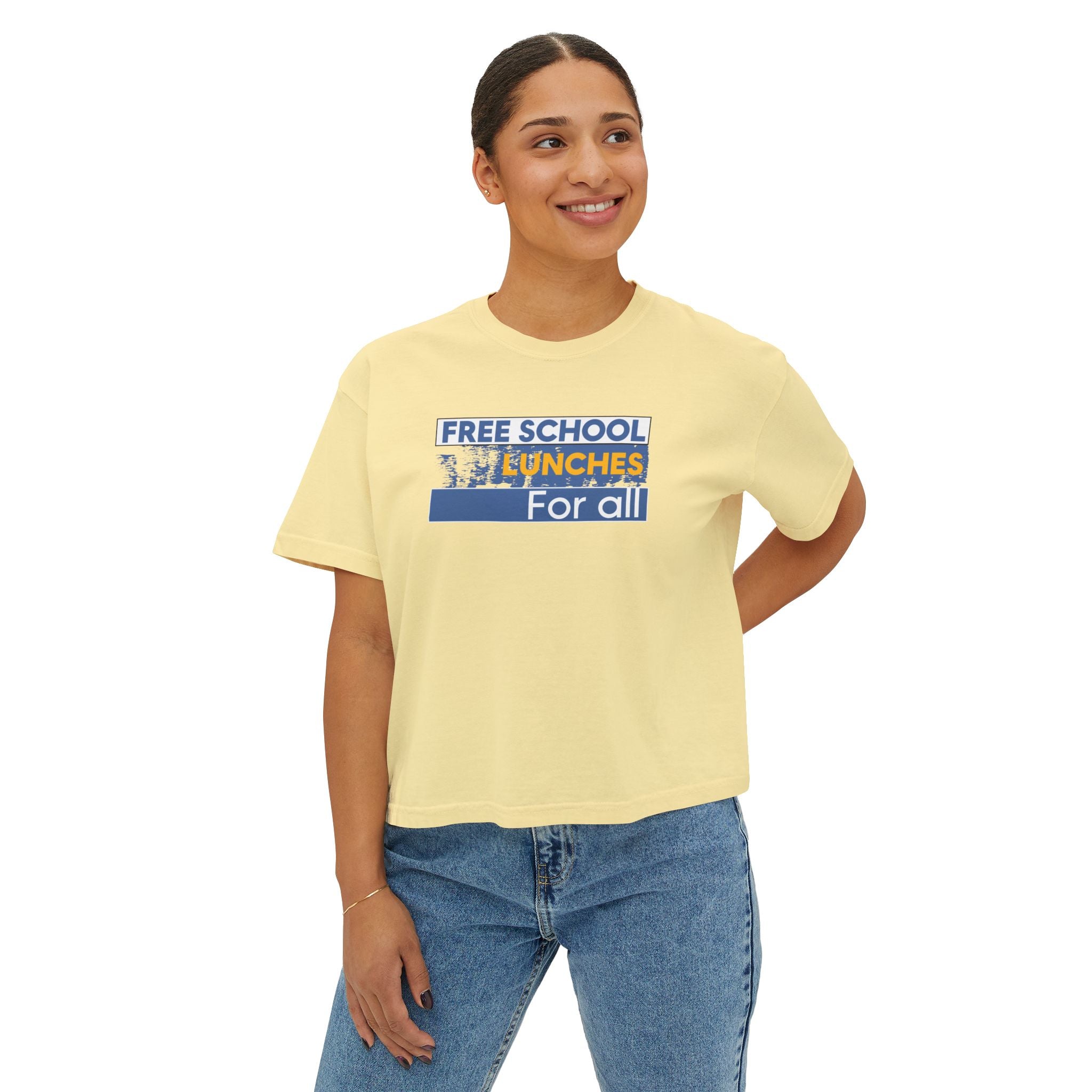 Women's Boxy Heavy fabric Tee - Free School Lunches For All (front) - Nurses Against The Rich Starving The Poor (back) - 100% ring-spun US cotton - NAH-T-CC3023CL