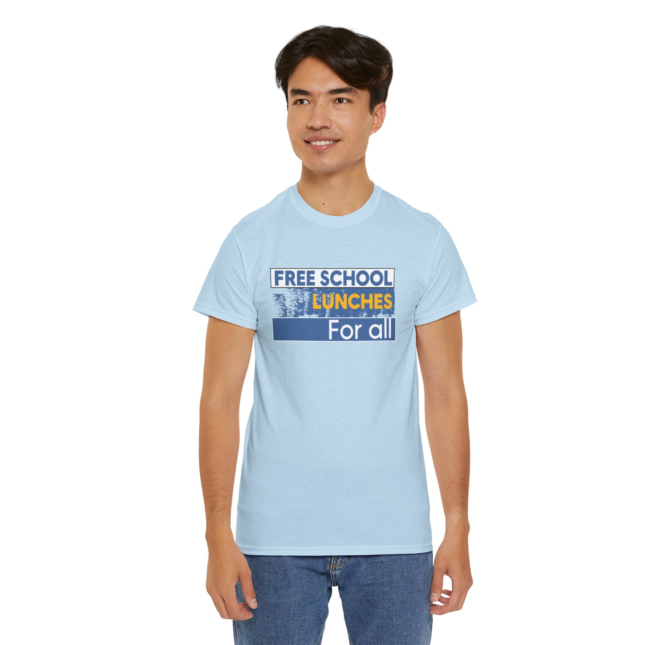 Unisex Medium fabric Cotton Tee - Free School Lunches For All (front) - Nurses Against The Rich Starving The Poor (back) - 5.3 oz/yd² / 180 g/m² - NAH-T-G5000