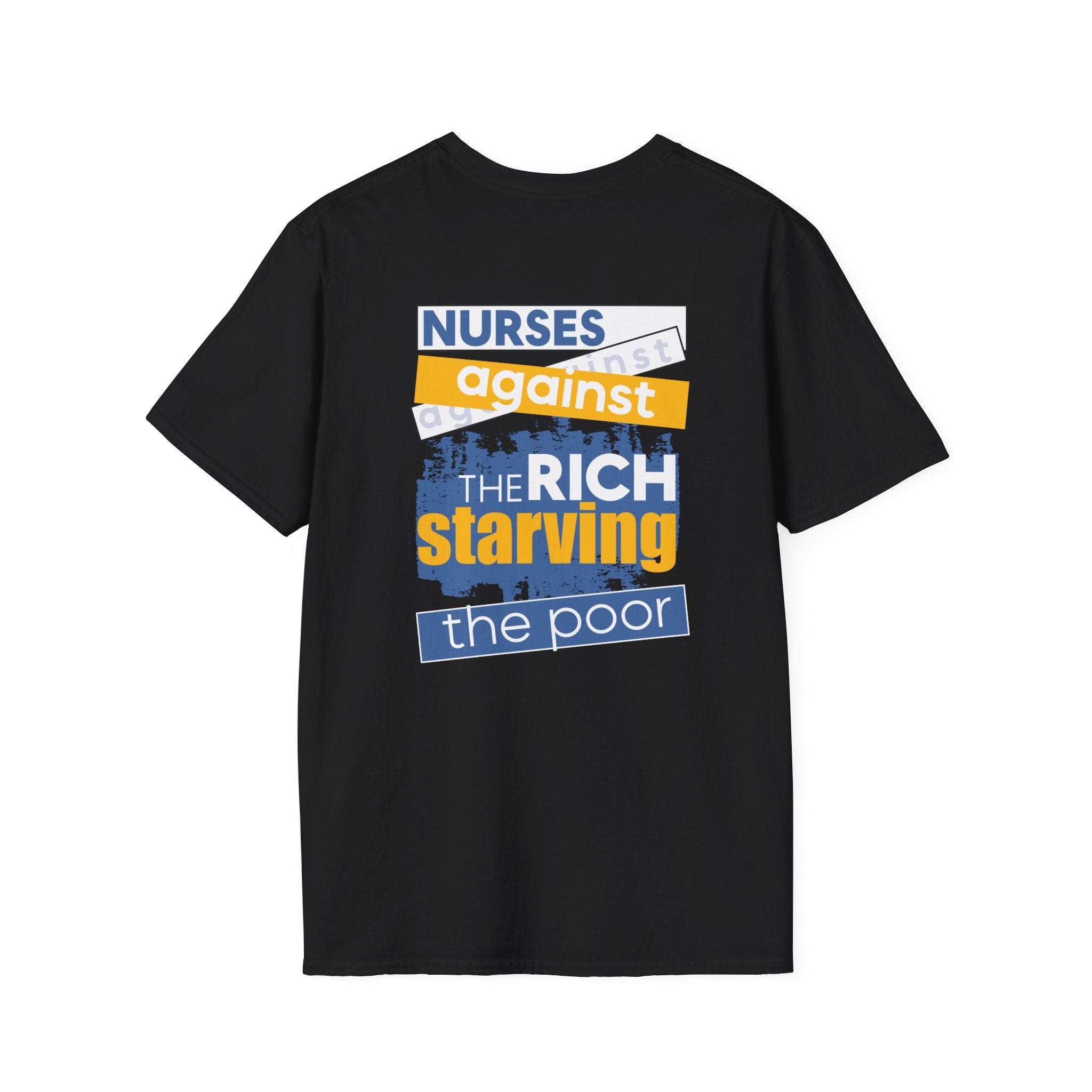 Unisex Lightweight fabric T-Shirt - Free School Lunches For All (front) - Nurses Against The Rich Starving The Poor (back) - 100% ring-spun cotton - NAH-T-G64000